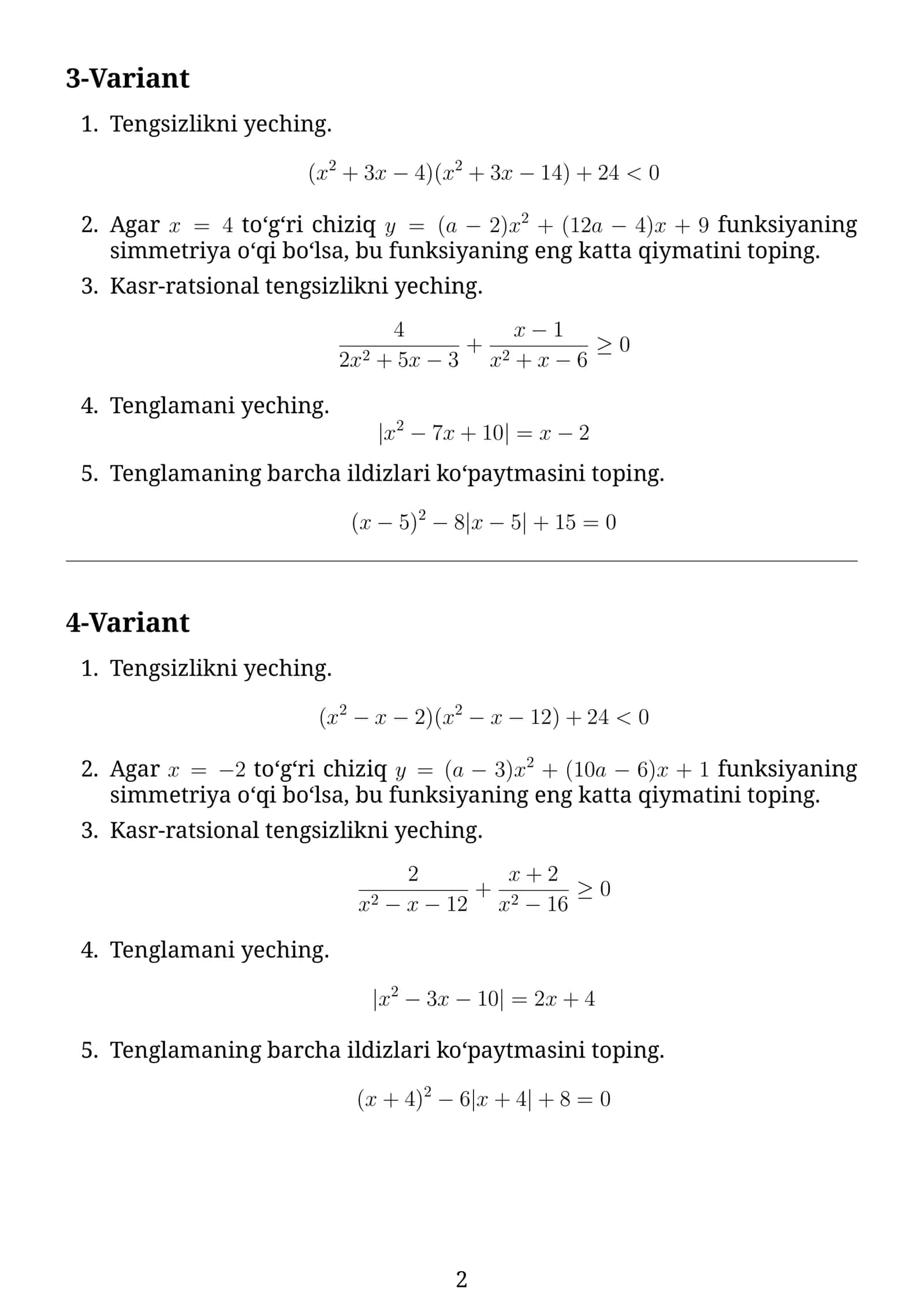 Matematika: Nazorat ishi variantlari 2