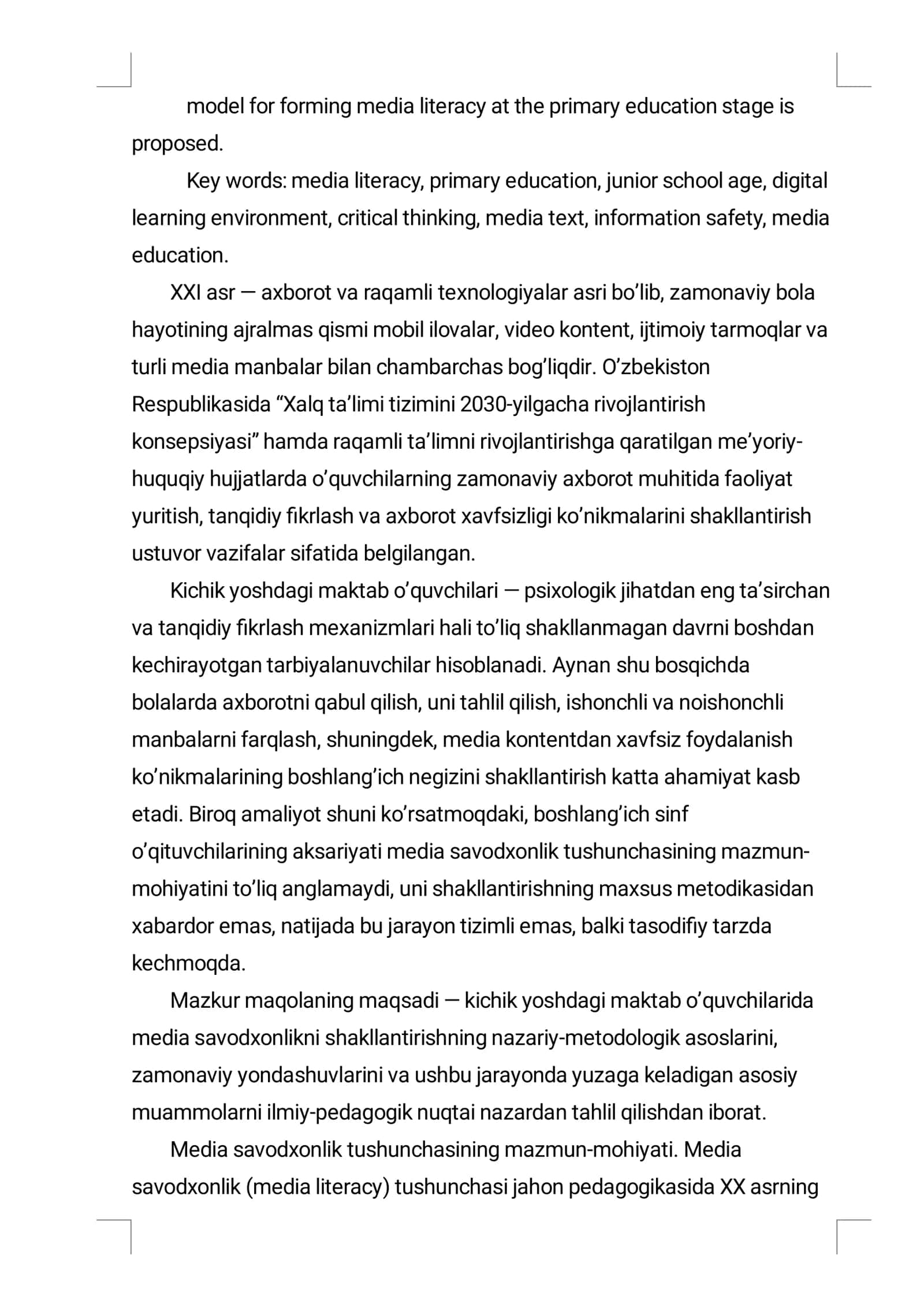 Kichik Yoshdagi Maktab O'quvchilarining Media Savodxonligini Shakllantirish: Zamonaviy Yondashuvlar va Muammolar 2