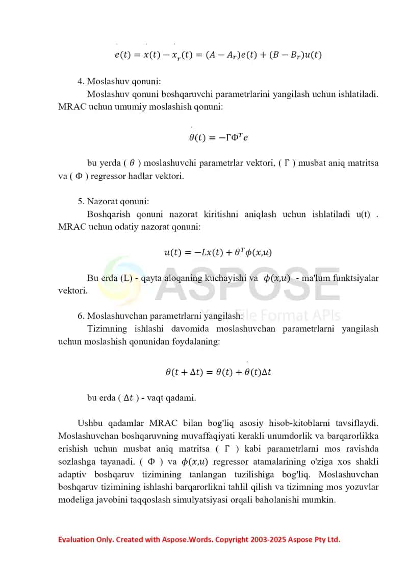 Adaptiv boshqarish sistemalarini tadqiq etish 2