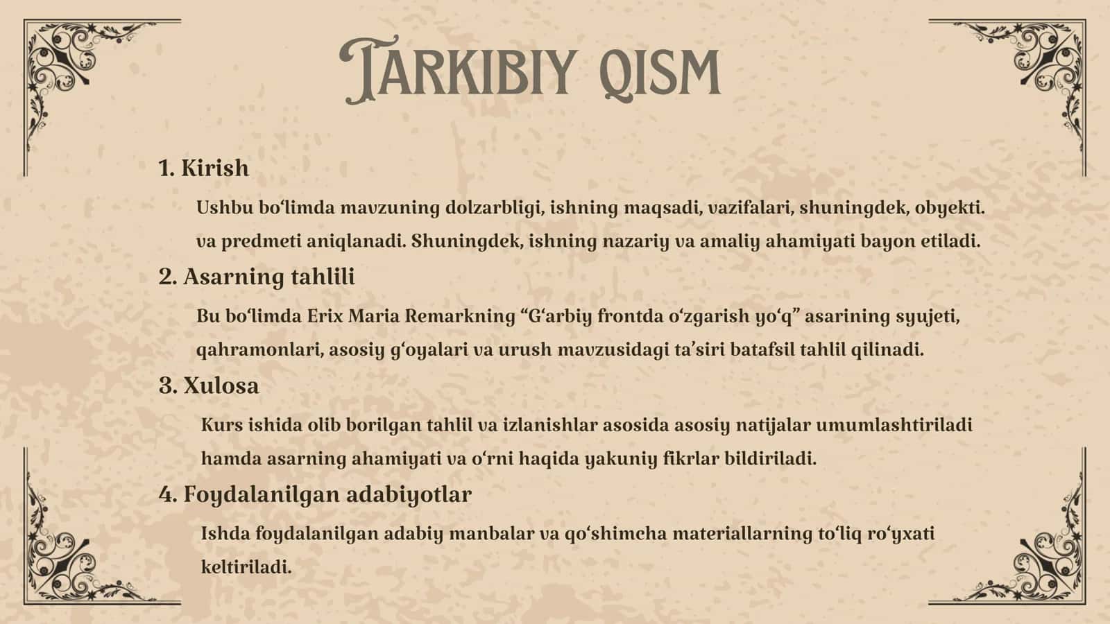ERIX MARIYA REMARKNING “G‘ARBIY FRONTDA O‘ZGARISH YO‘Q” ANTIHARBIY VA REALISTIK ROMANIDA URUSHNING INSON RUHIY DUNYOSIGA KO‘RSATGAN TA’SIRI VA URUSHNING FOJIAVIY OQIBATLARI 2