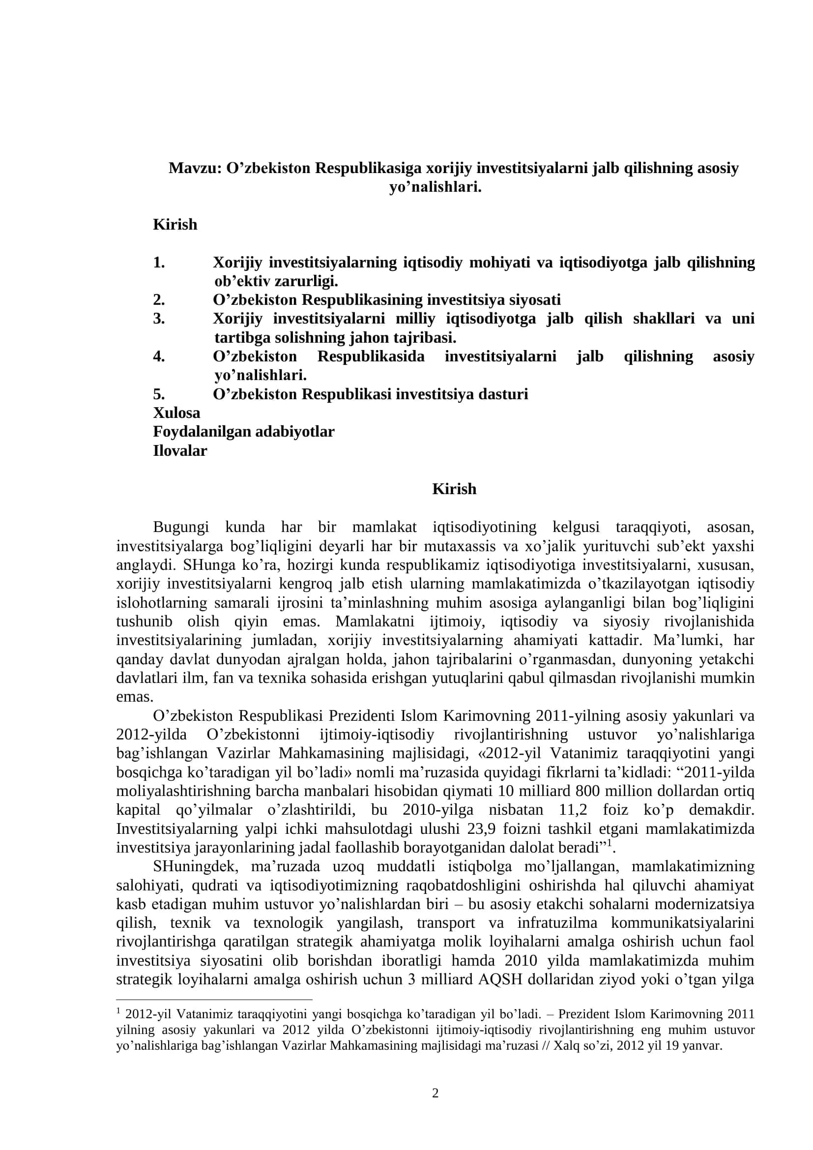 O’zbekiston Respublikasiga xorijiy investitsiyalarni jalb qilishning asosiy yo’nalishlari 2