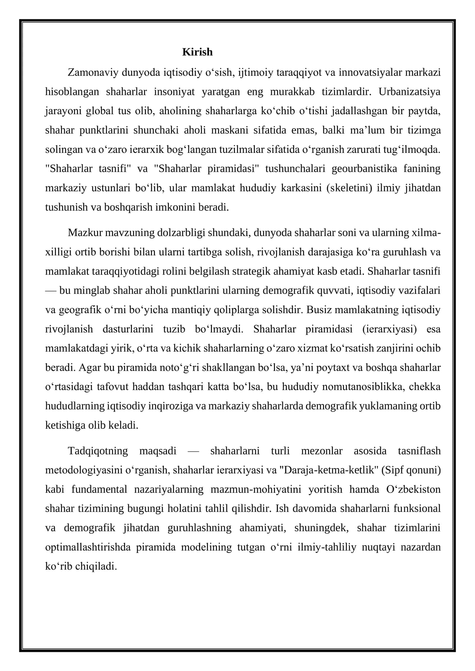 Shaharlar tasnifi va shaharlar piramidasi, uning shaharlarni rivojlantirishda tutgan o‘rni 2