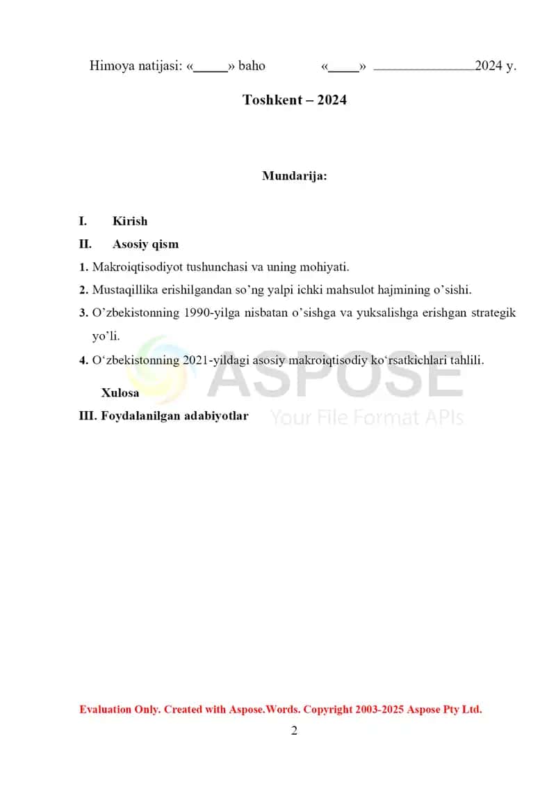 Mustaqillik yillarda O'zbekiston Respublikasi rivojlanishi makroiqtisodiyot 2
