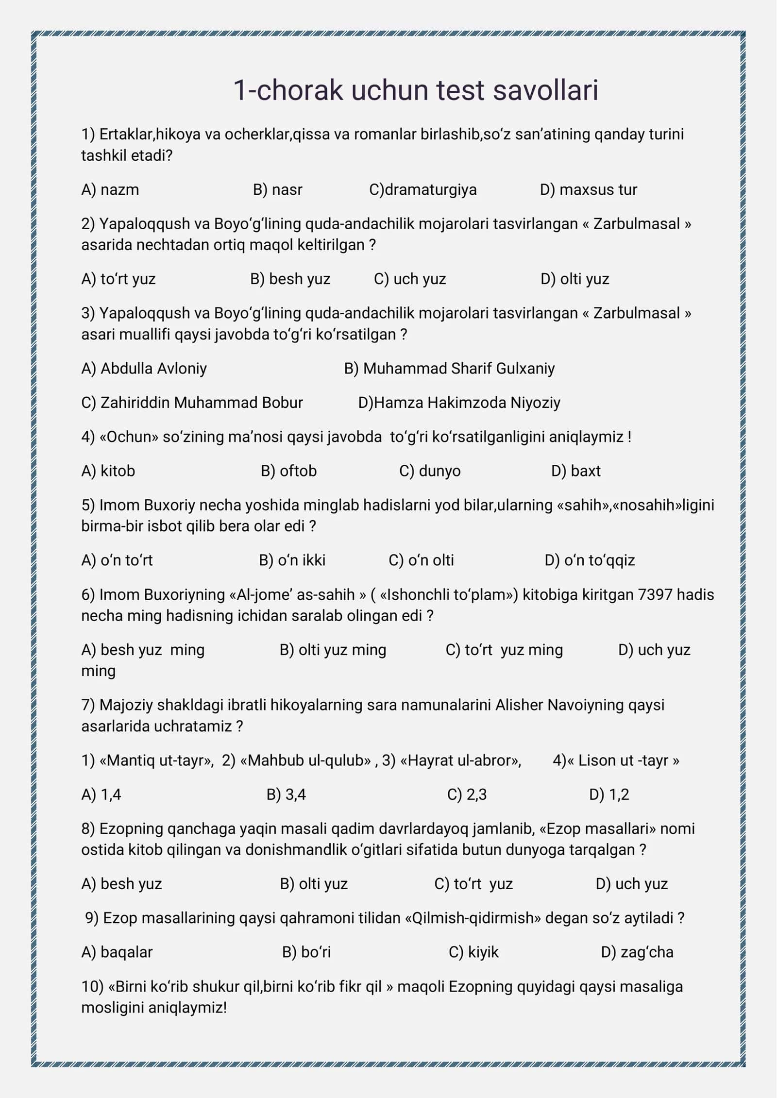5-sinf adabiyot fanidan choraklik testlar 2