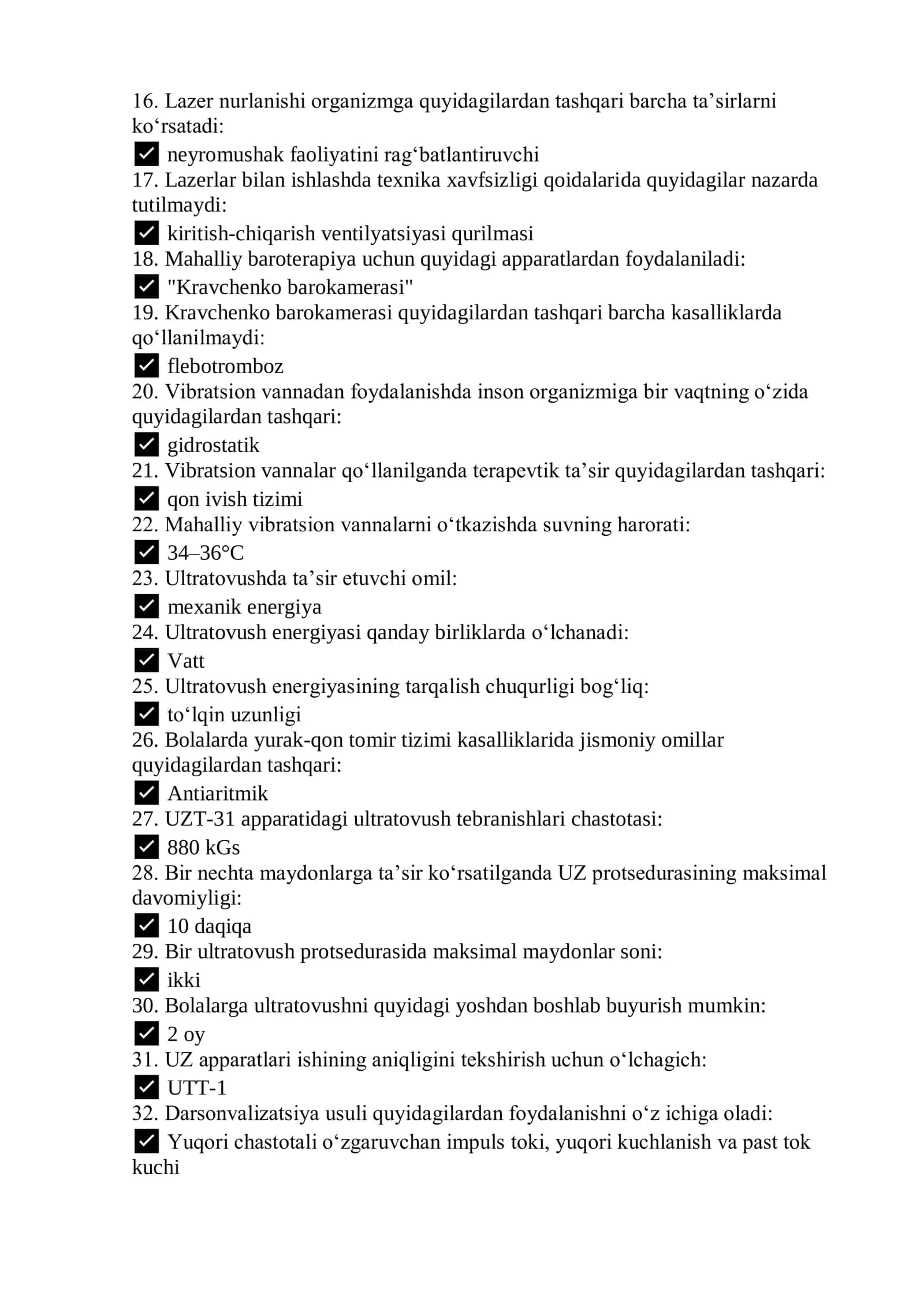Reabilitologiya (davolash fizkulturasi, kurortologiya, fizioterapiya) mutaxassisligi bo'yicha shakllantirilgan test savollari ro'yxati 2