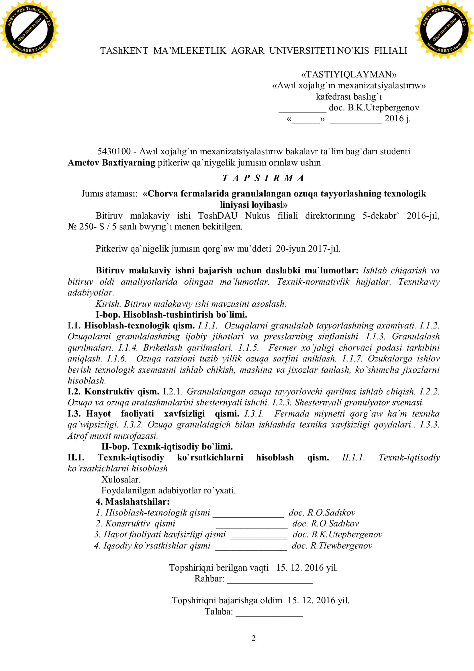 «Chorva fermalarida granulalangan ozuqa tayyorlashning texnologik liniyasi loyihasi» 2