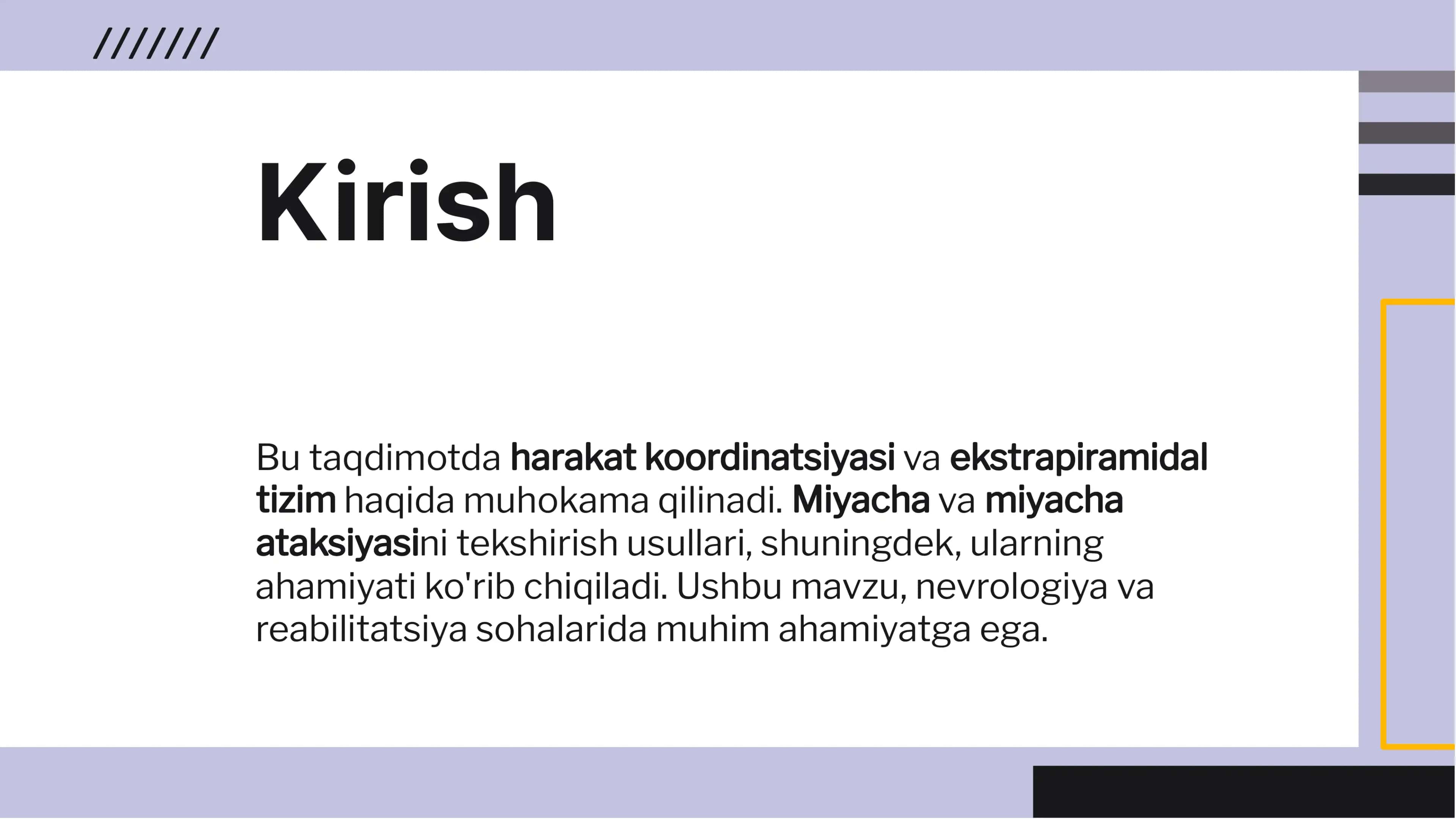 Harakat koordinatsiyasi va ekstrapiramidal  tizim. Miyacha va miyacha ataksiyasini tekshirish usullari 2
