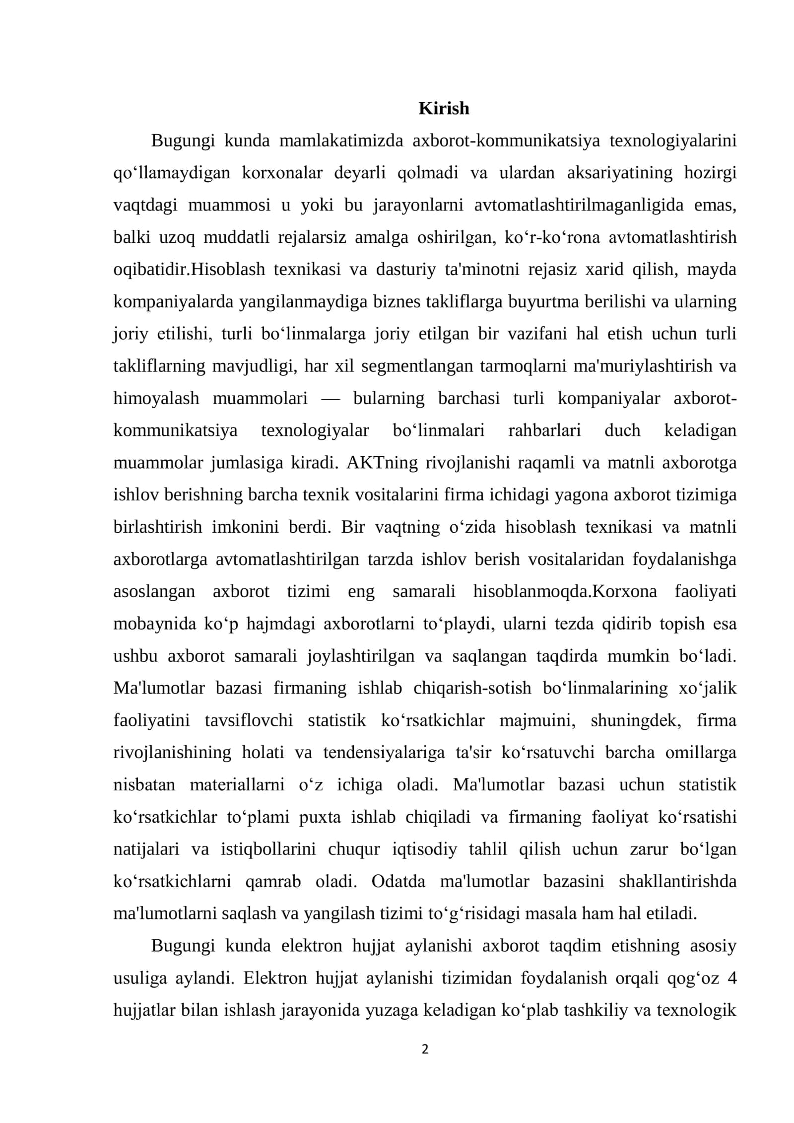 “MA’LUMOTLAR BAZASI TEXNOLOGOYALARI FANIDAN” KURS ISHI 2