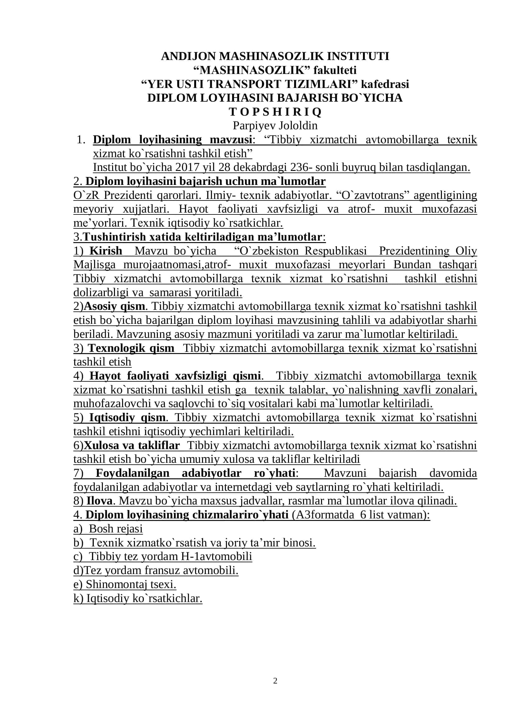 Tibbiy xizmatchi avtomobillarga tеxnik xizmat ko`rsatishni tashkil etish Diplom loyihasi 2