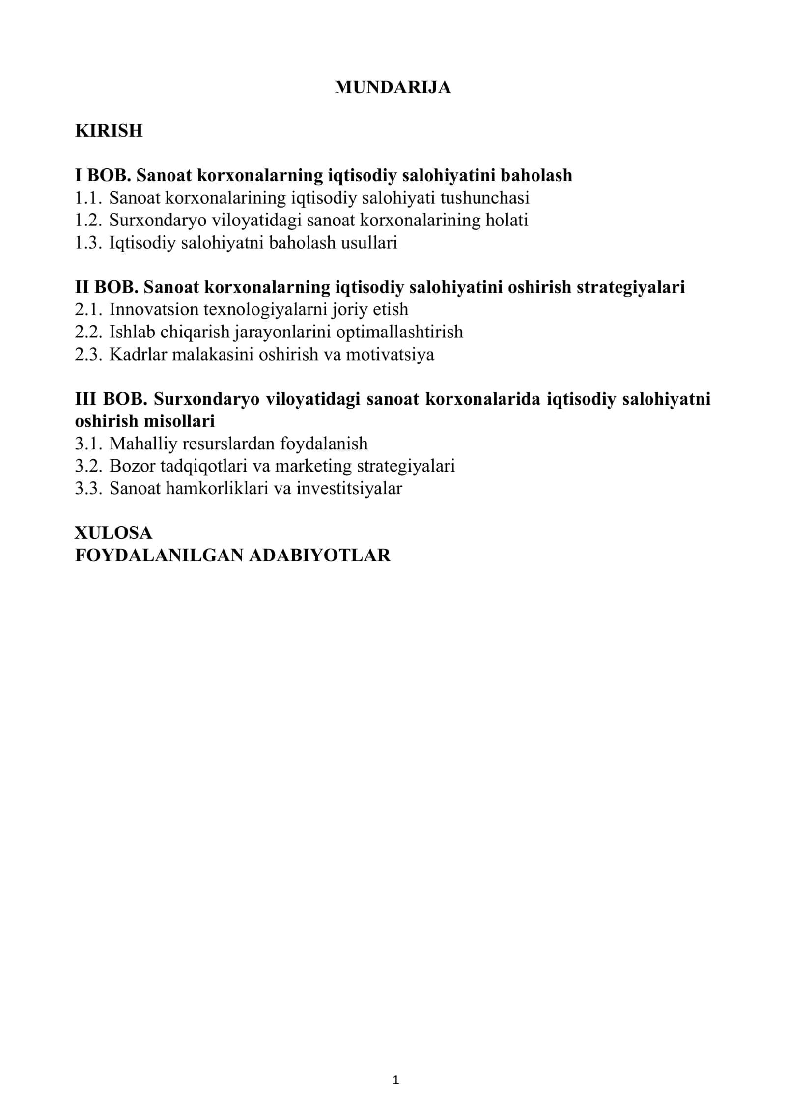 KURS ISHI: Sanoat korxonalarning iqtisodiy salohiyatini oshirish yoʻllari (Surxondaryo viloyati misolida) 2
