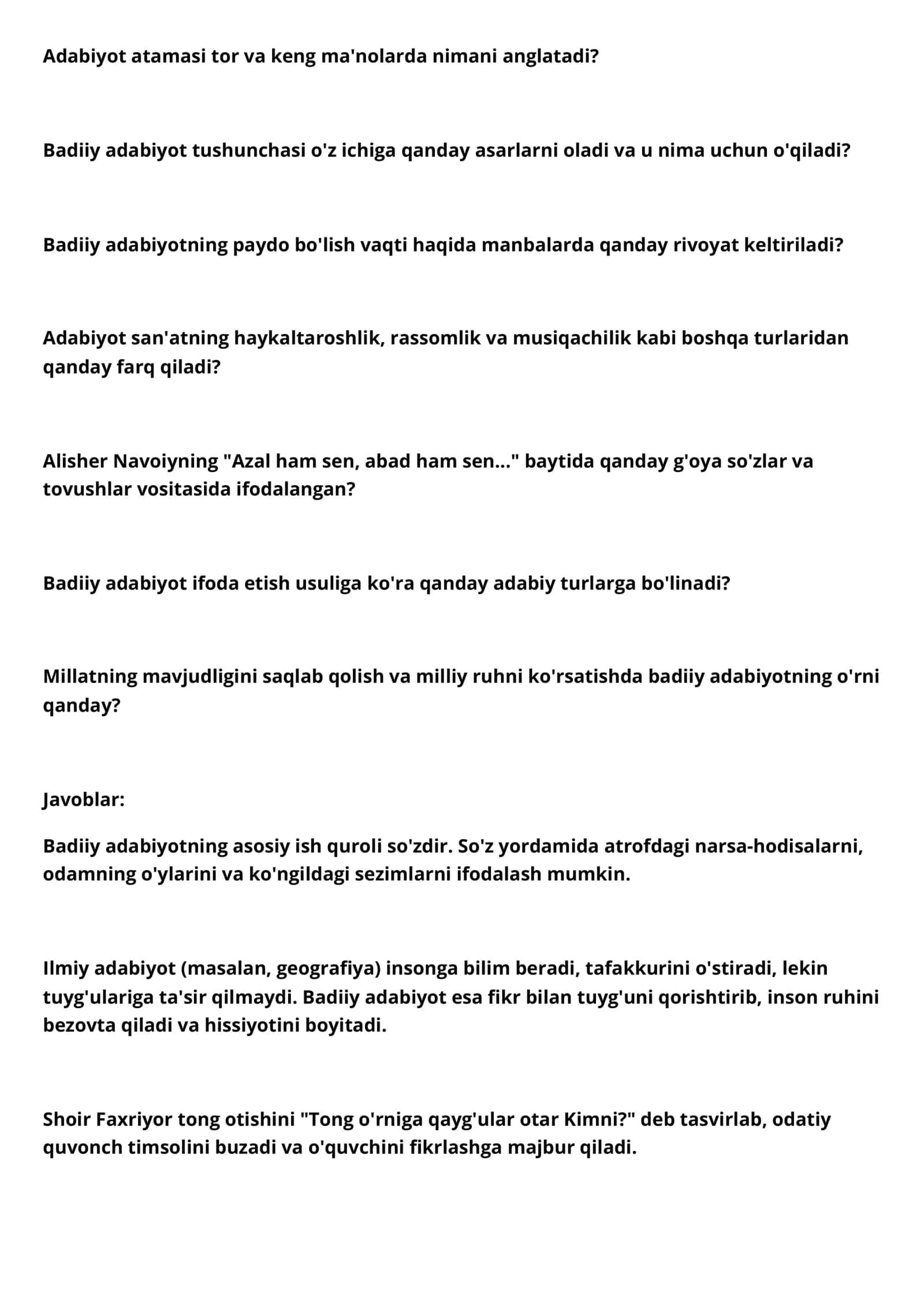 9 sinf Adabiyot darsligi bo'yicha Mavzulashtirilgan Testlar maktab o'quvchilari kasb hunar kolleji va akademik litsey talabalari va abyuterentlar uchun 2