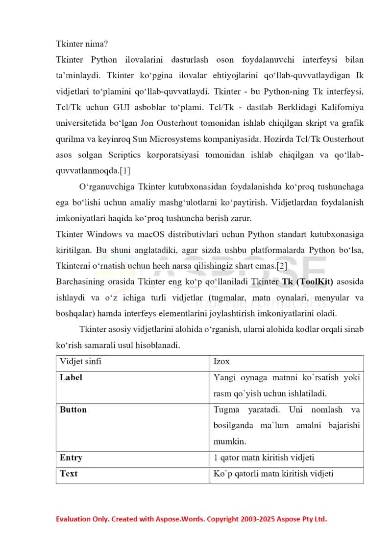 Tkinter kutubxonasini o'qitish usullari 2