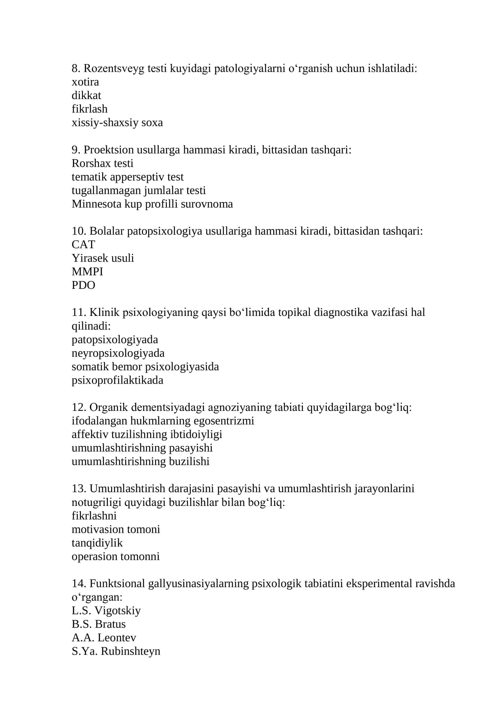 Klinik psixologiya mutaxassisligi boʻyicha shakillantirilgan test savollari roʻyxati 2026 2