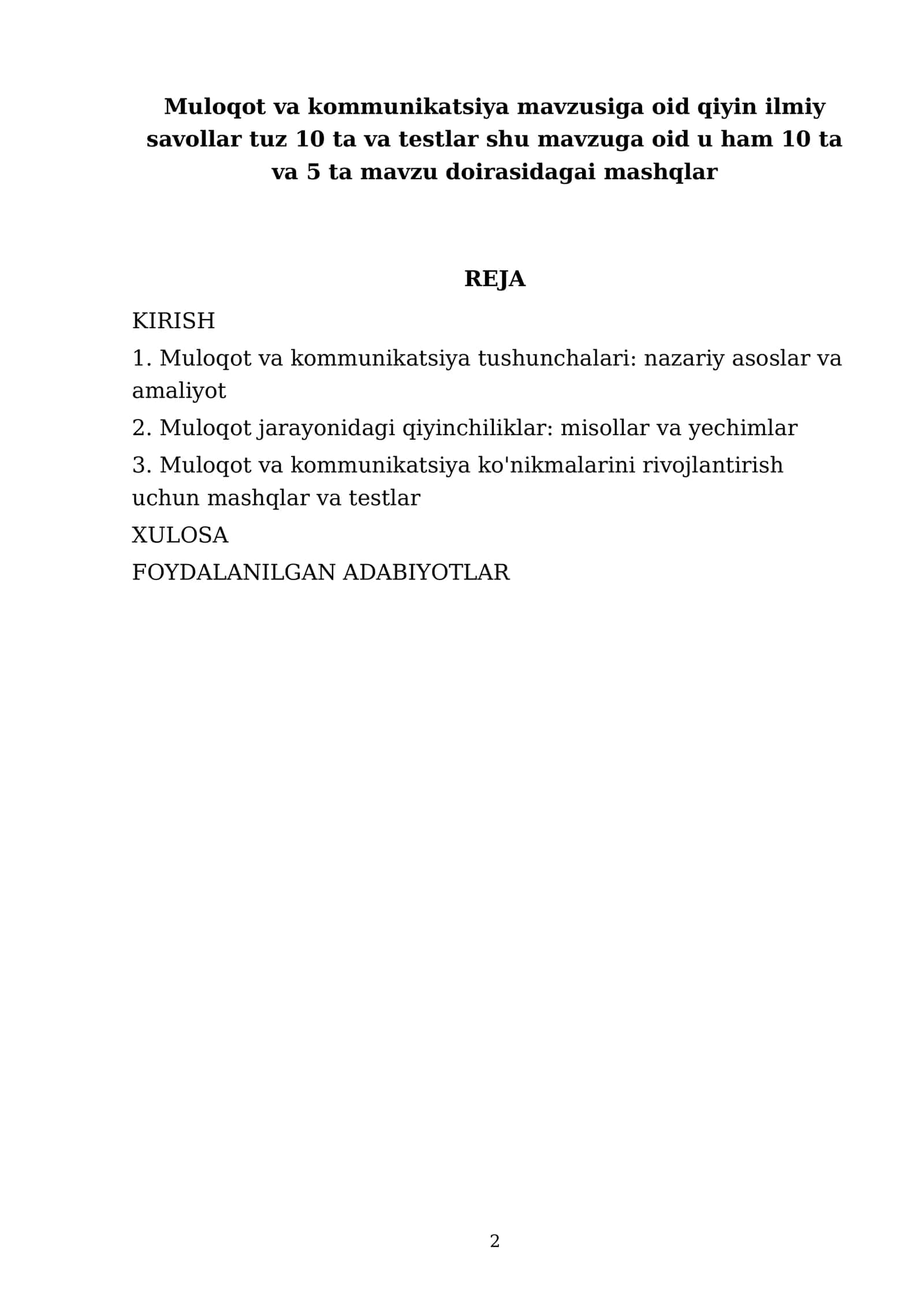 Muloqot va kommunikatsiya mavzusiga oid qiyin ilmiy savollar tuz 2