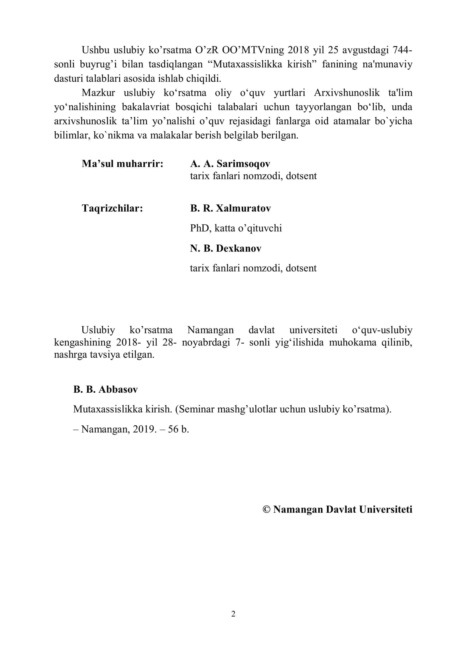MUTAXASSISLIKKA KIRISH fanidan SEMINAR MASHG'ULOTLAR UCHUN USLUBIY KO’RSATMA 2