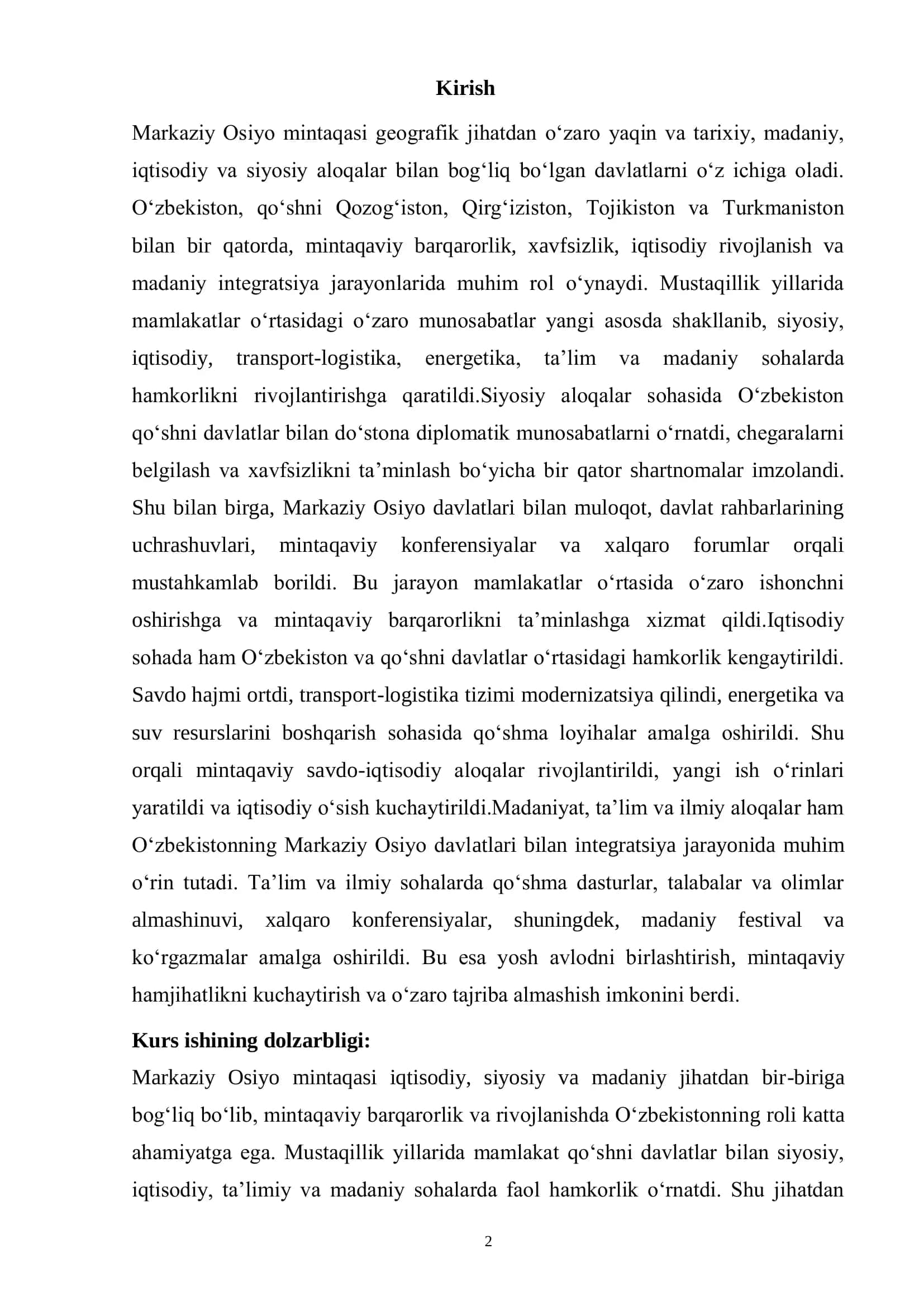 Mustaqillik yillarida O‘zbekiston va Markaziy Osiyo davlatlari bilan hamkorlik 2