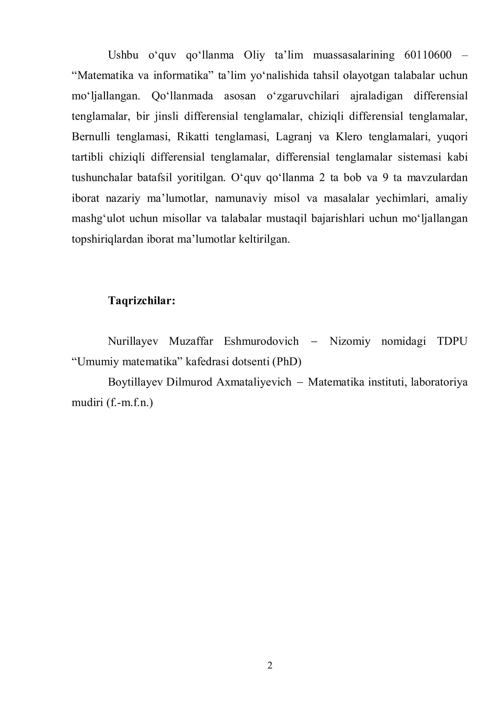 MATEMATIK ANALIZ “DIFFERENSIAL TENGLAMALAR” o‘quv qo‘llanma 2