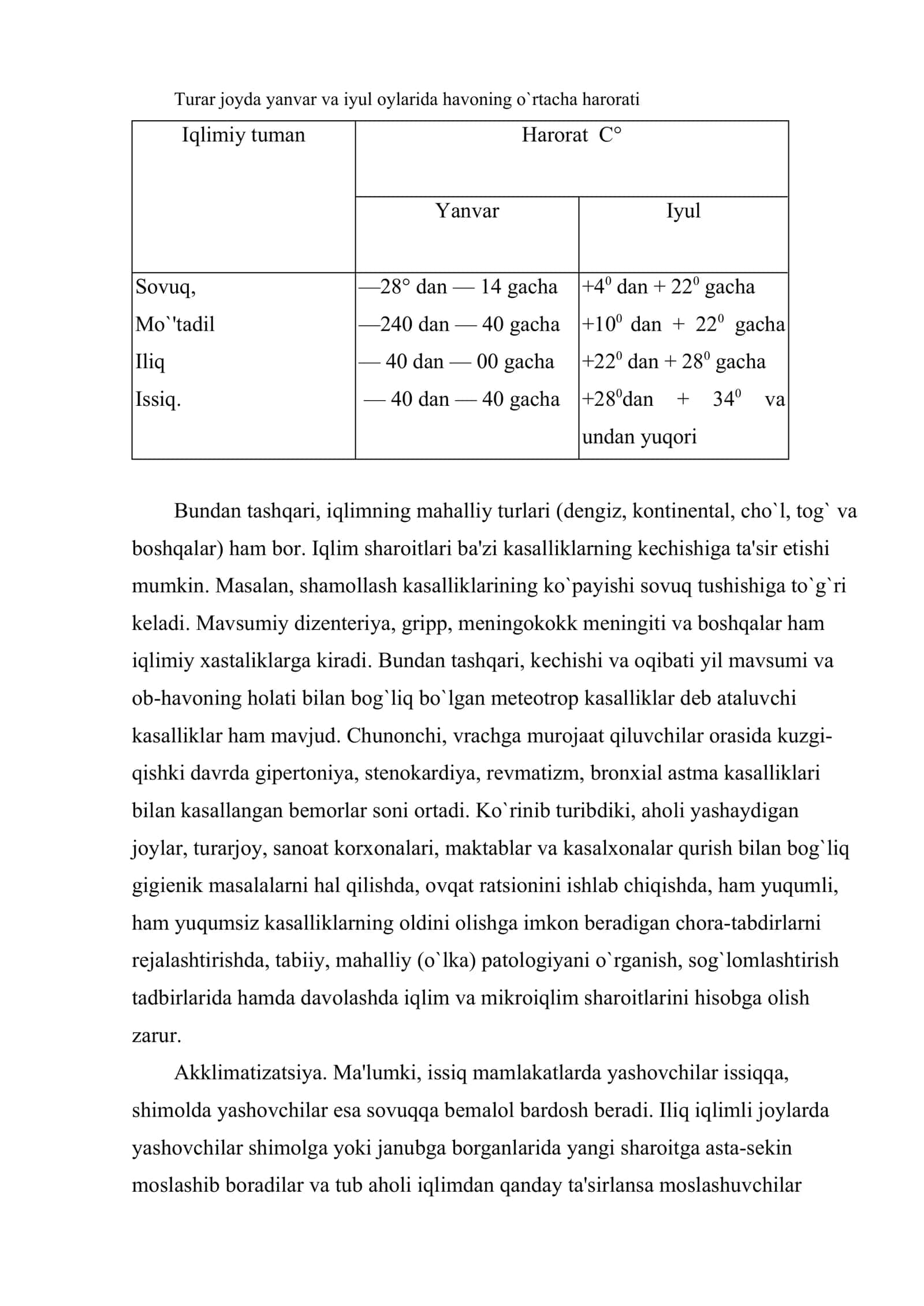 Iqlim va mikroiqlimning gigiyenik ta'rifi, akklimatizatsiya 2