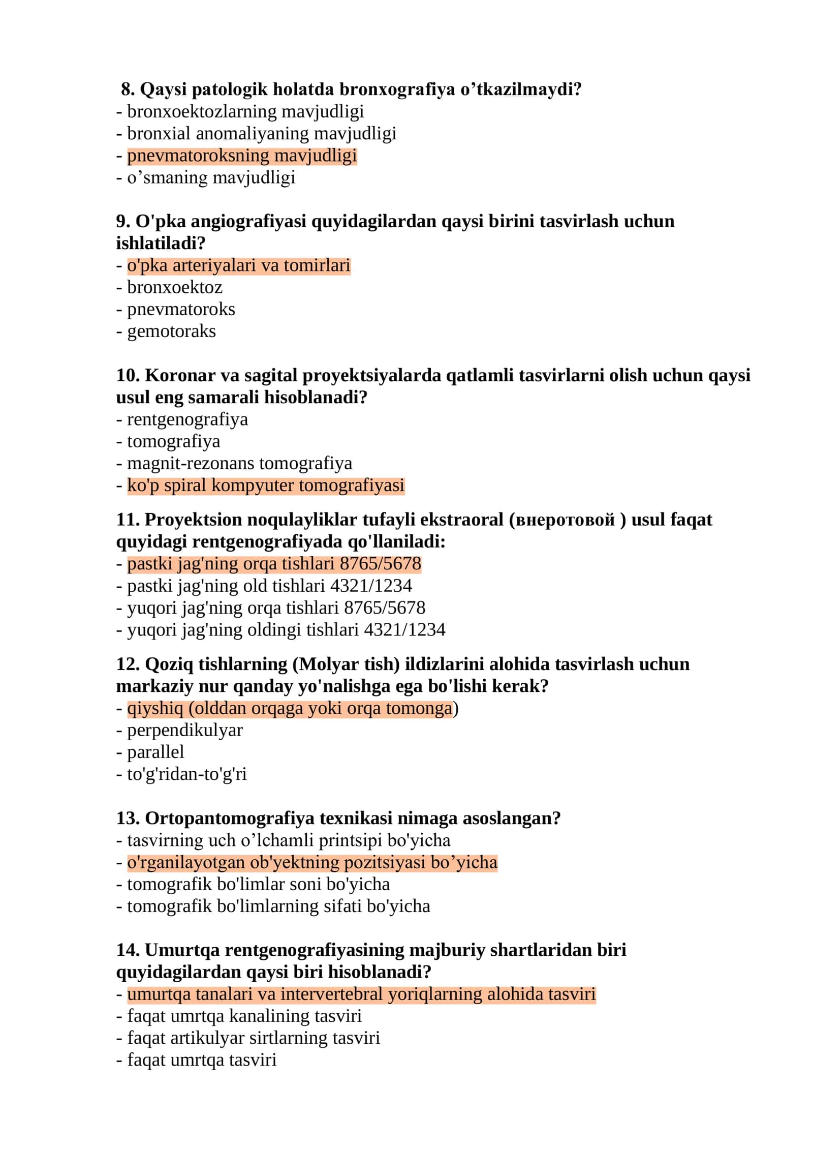Rentgen laboranti mutaxassisligi bo'yicha shakllantirilgan test savollar ro'yxati 2