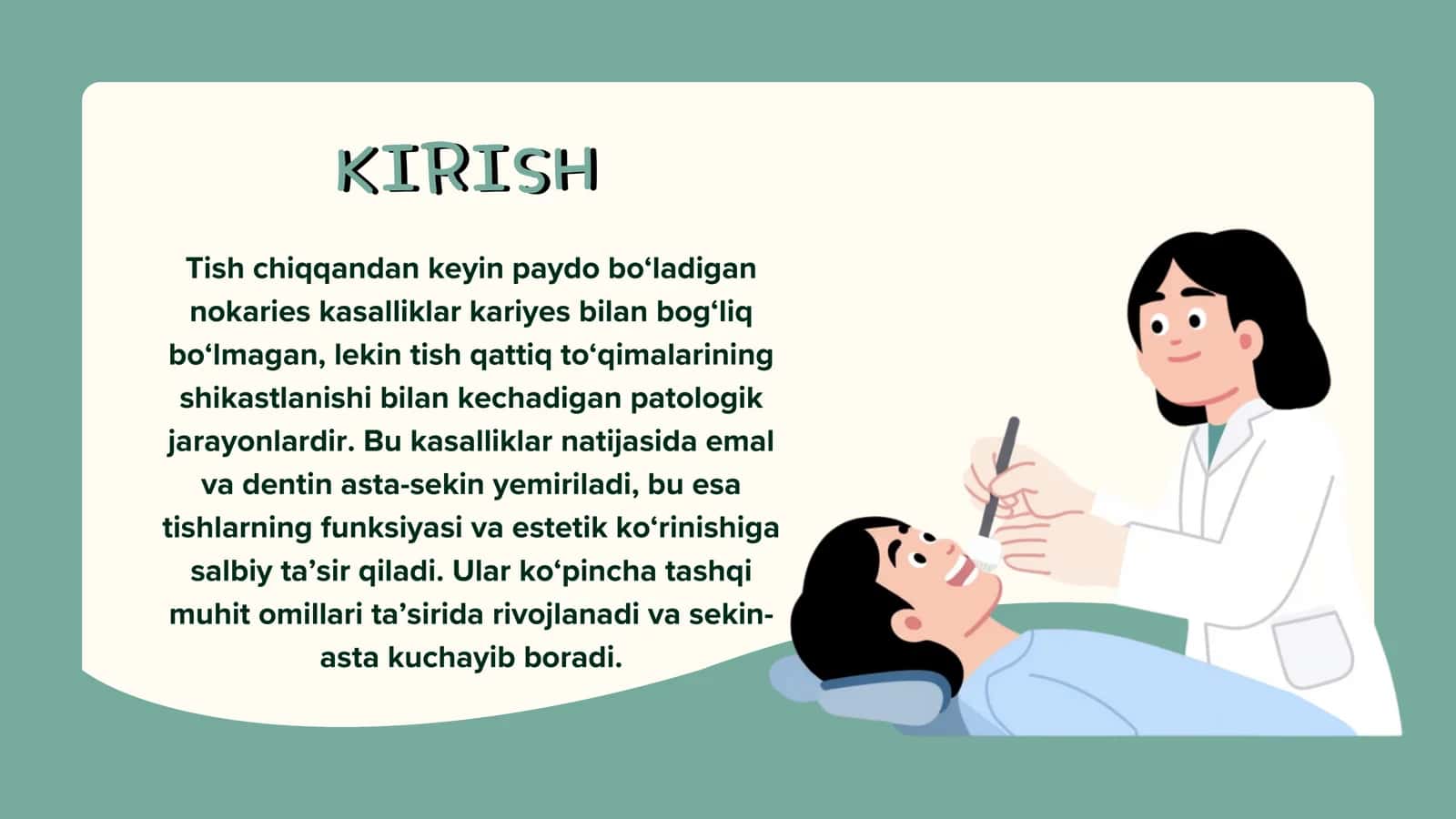 Tish chiqandan keyin paydo bo‘ladigan nokaries kasalliklar. Tishlarning mehanik va kimyoviy jarohatlari. Klinikasi va qiyosiy tashxislash 2
