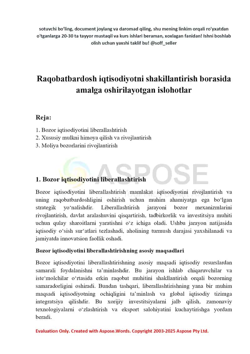 Referat: Raqobatbardosh iqtisodiyotni shakillantirish borasida amalga oshirilayotgan islohotlar 2