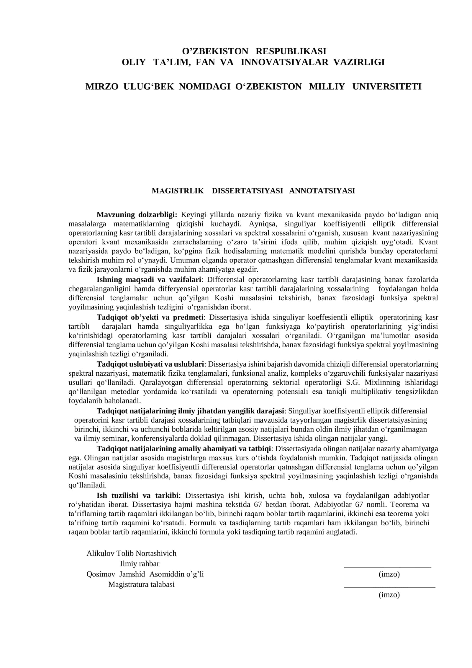 Singuliyar koeffisiyentli elliptik differensial operatorini kasr tartibli darajasi xossalarining tatbiqlari 2