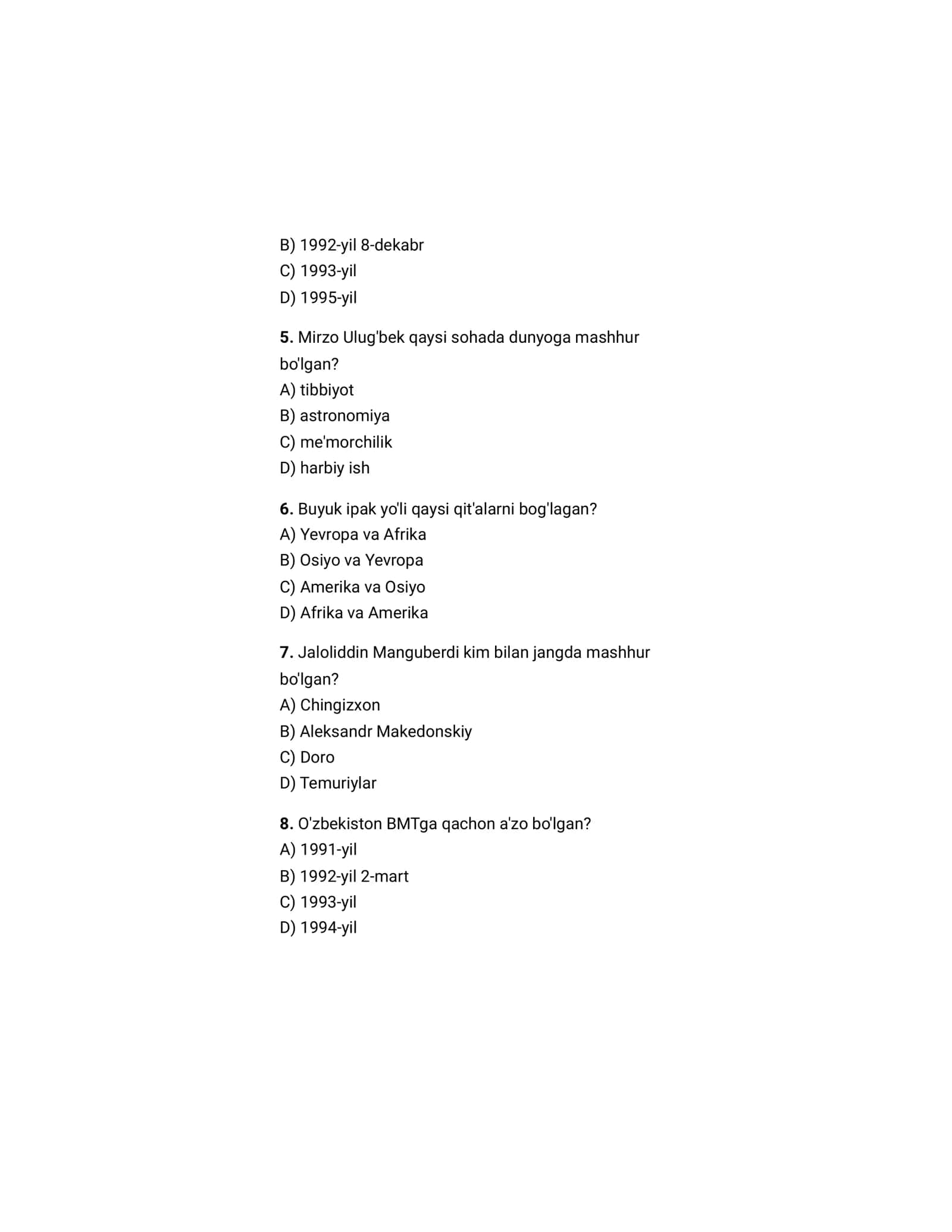 TARIX — TEST (10 ta savol) 2