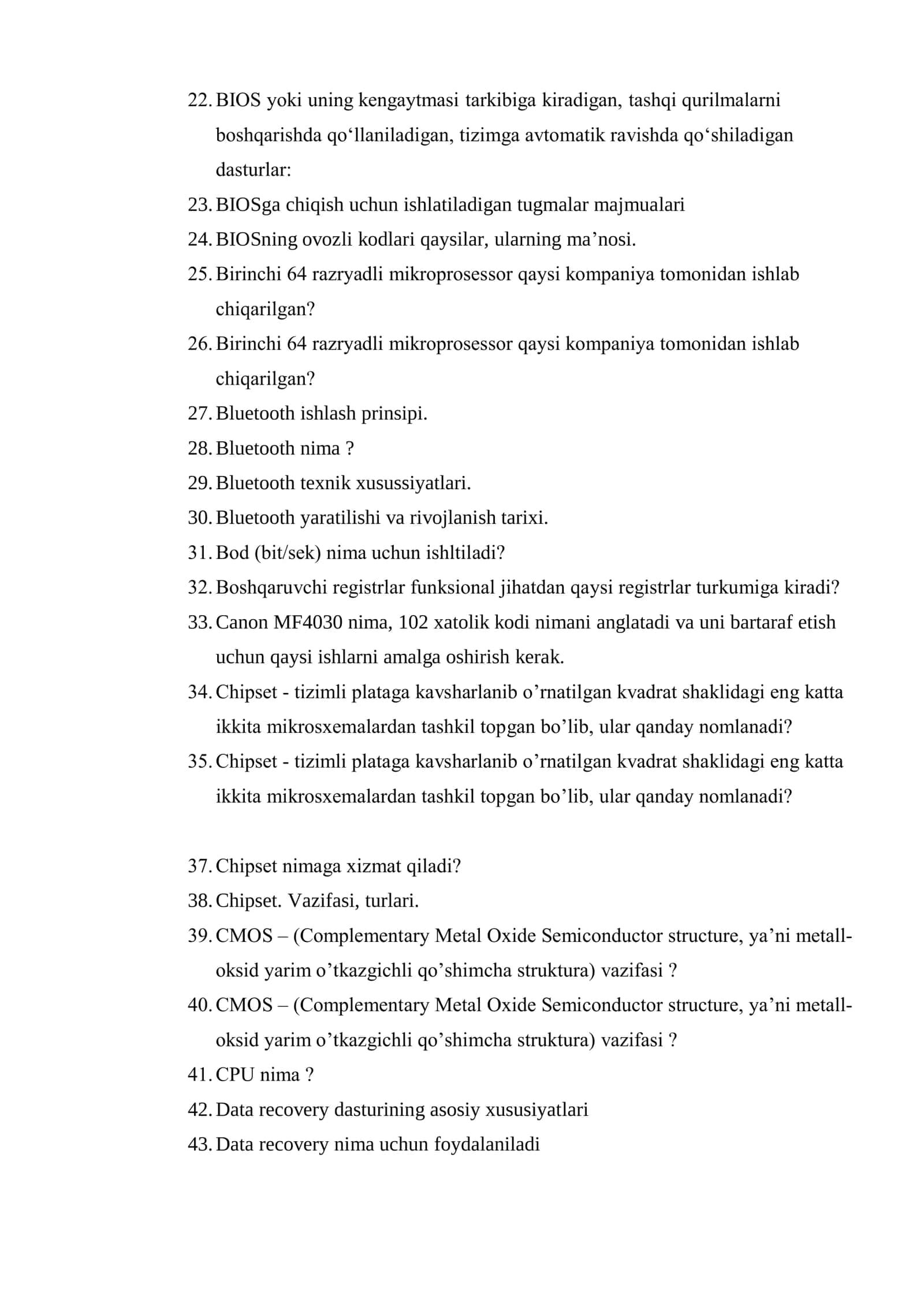 Kompyuterga texnik xizmat ko’rsatish fanidan ON savollari 2