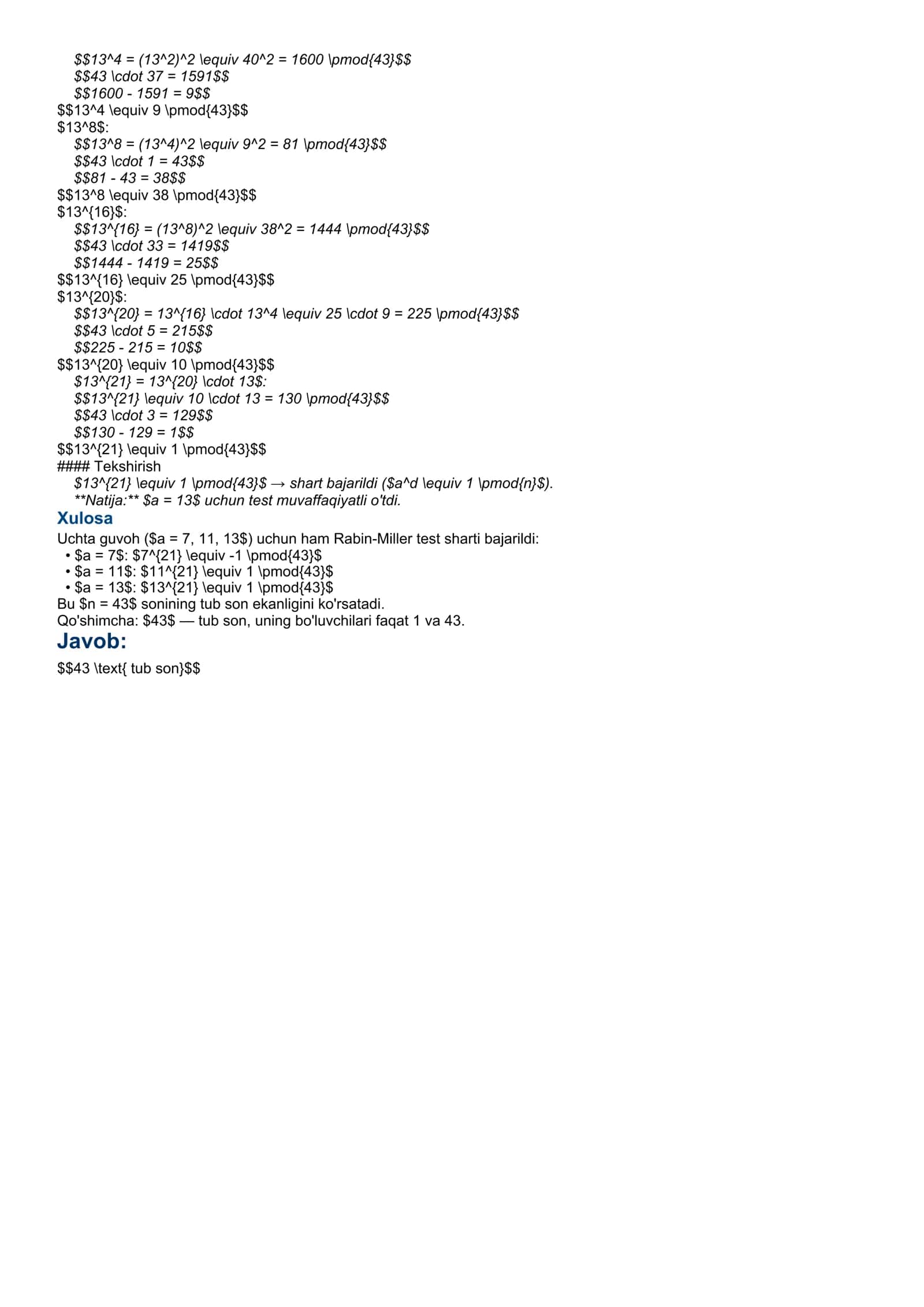 14-Misol-93: $n=43$ sonini Rabin-Miller testi orqali tublikka tekshirish 2