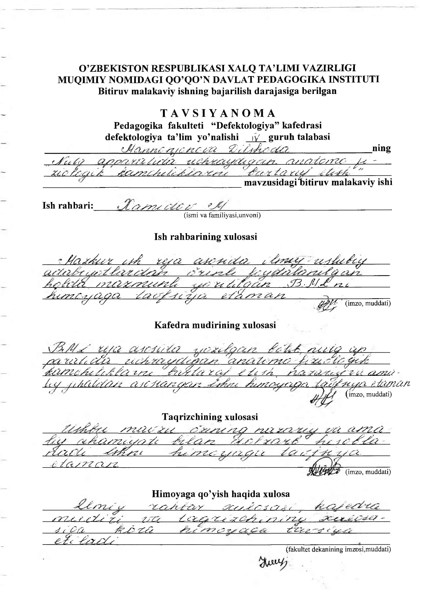 "Nutq apparatida uchraydigan anatomik - fiziologik kamchiliklarni bartaraf etish yo’llari” (Rinolaliya nutq nuqsoni misolida) BITIRUV MALAKAVIYISHI 2
