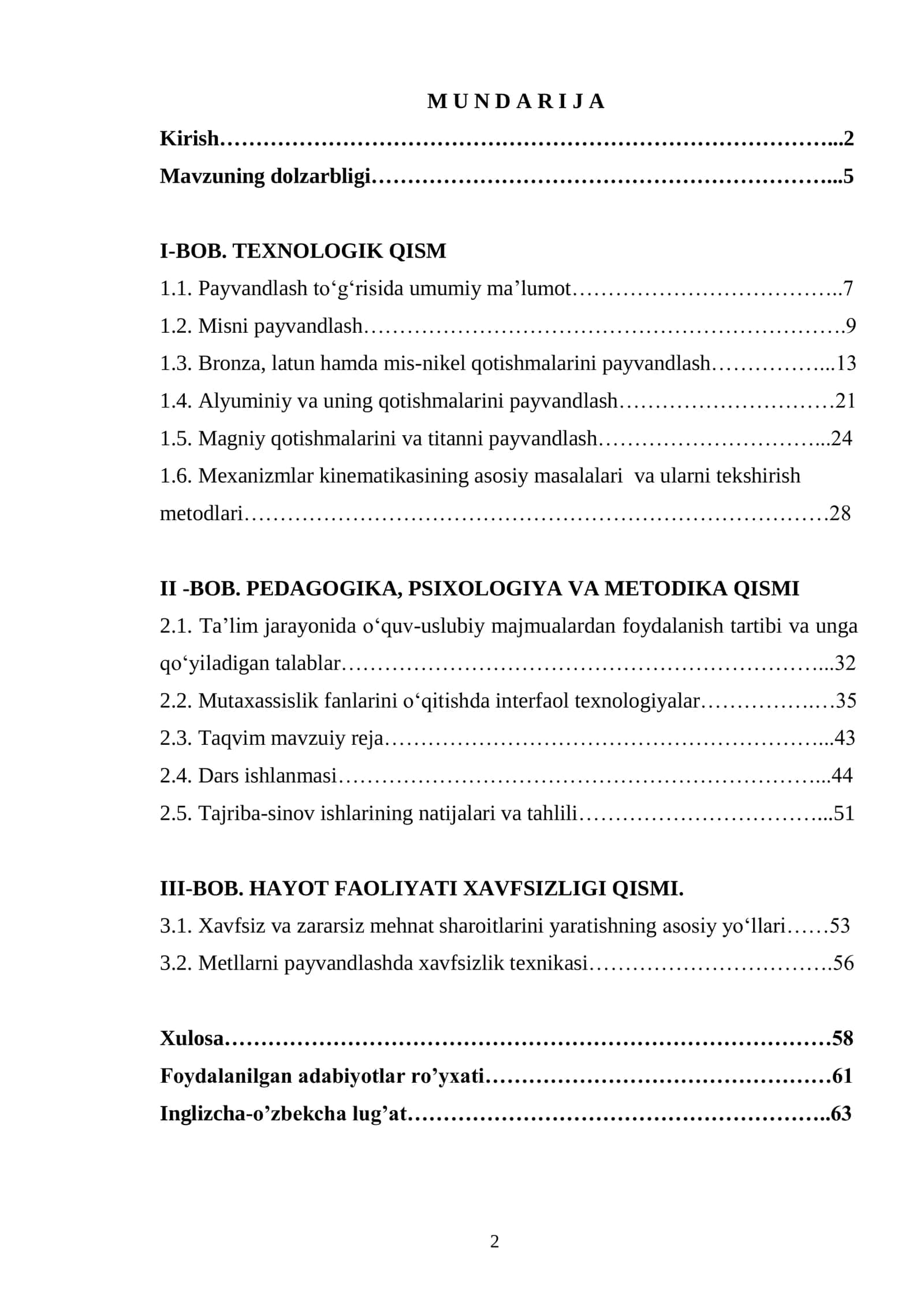 KHK o’quvchilariga “Rangli metallar va qotishmalarni payvandlash usullari” mavzusini o’qitishda o’quv-uslubiy majmualardan foydalanish usullari mavzusida tayyor sifatli bitiruv malakaviy ishi 2