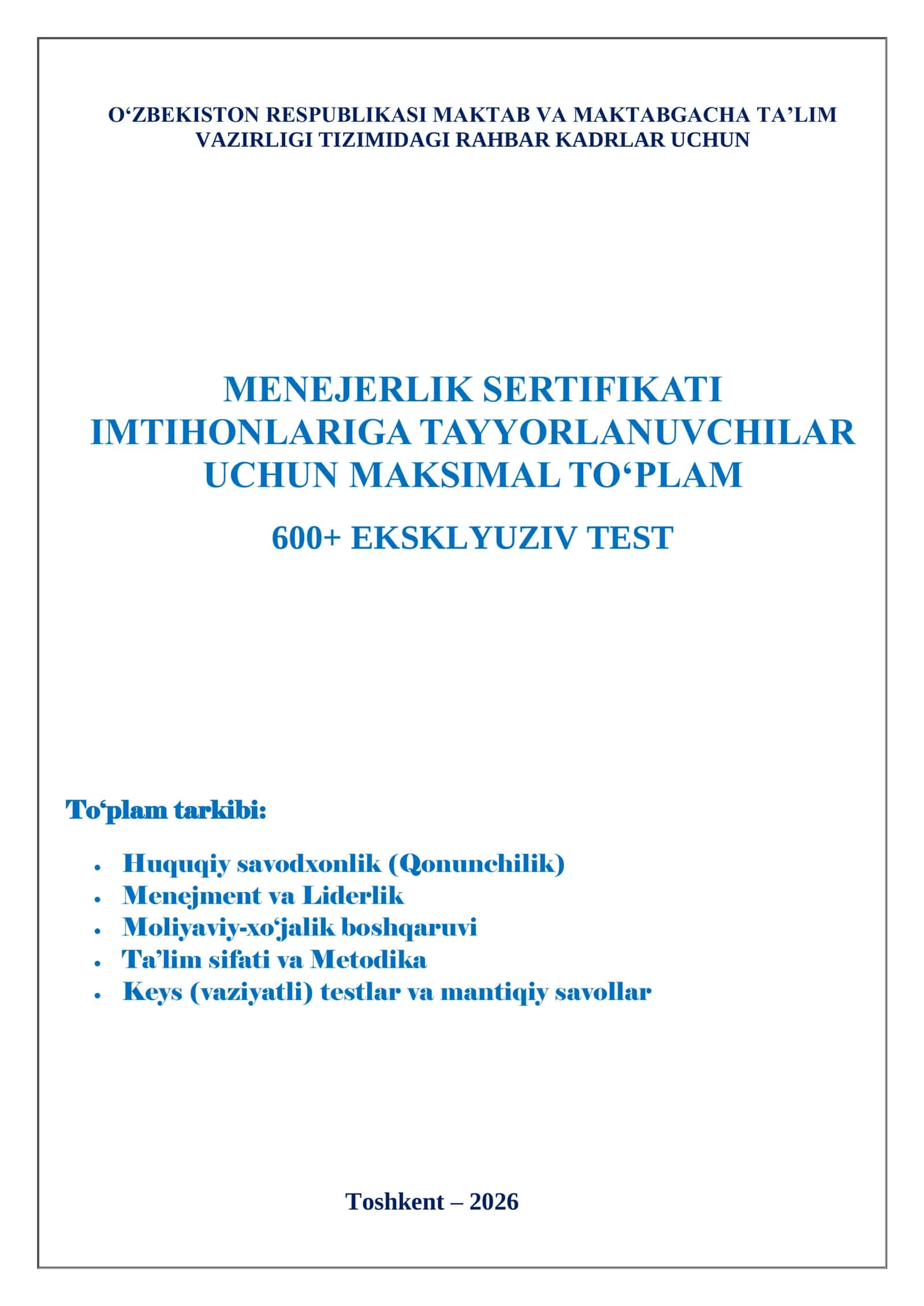 MENEJERLIK SERTIFIKATI  IMTIHON TESTLARIGA TAYYORLANISH  600+ REAL IMTIXON TESTLARI 2