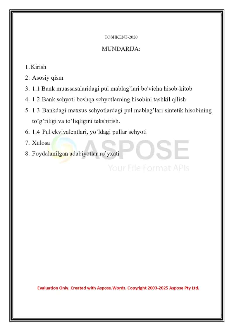 Kurs ishi "Bankdagi hisob-kitob schyetidagi pul mablag‘lari hisobi" 2