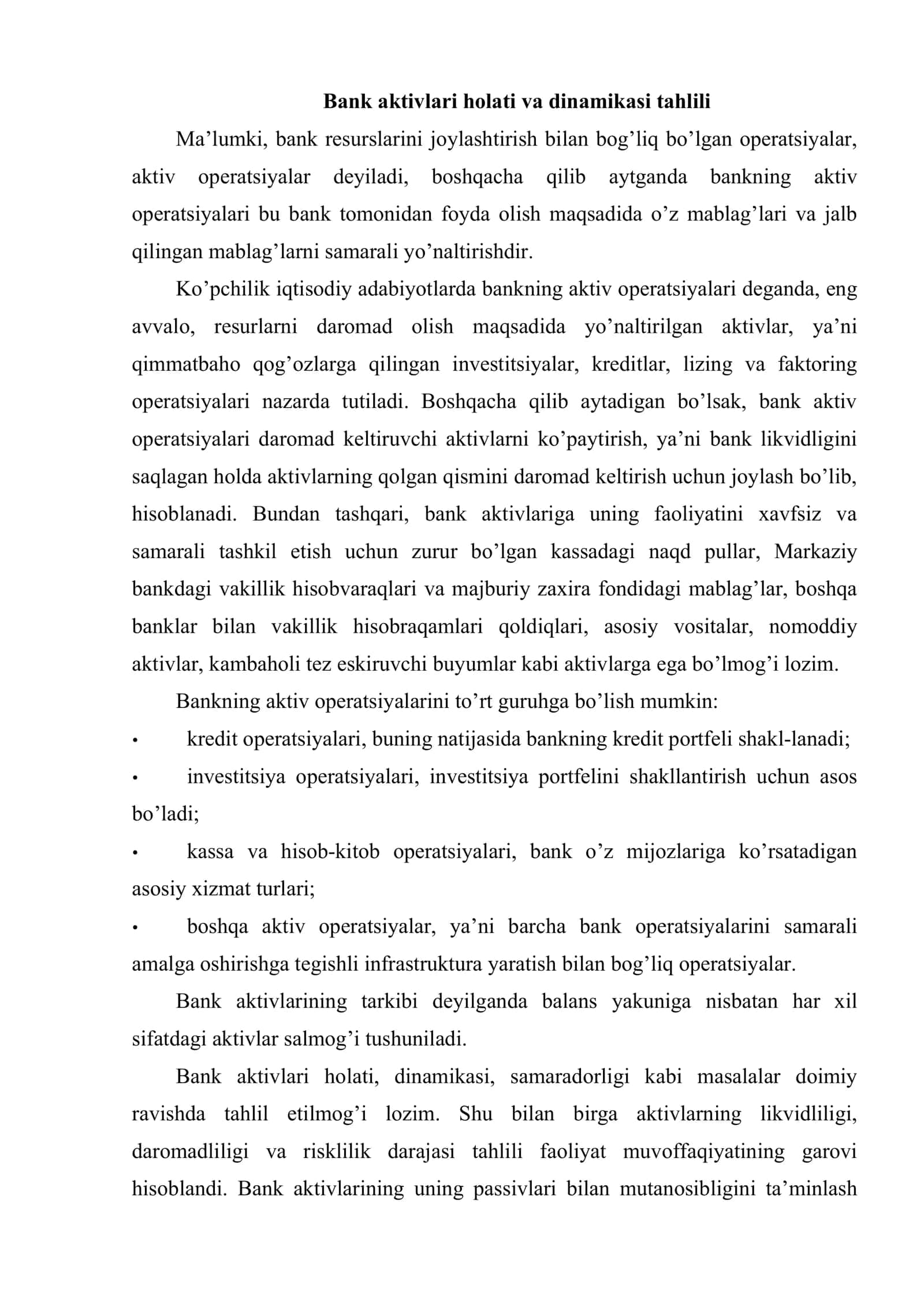 Bankning aktiv operatsiyalari tahlili 2
