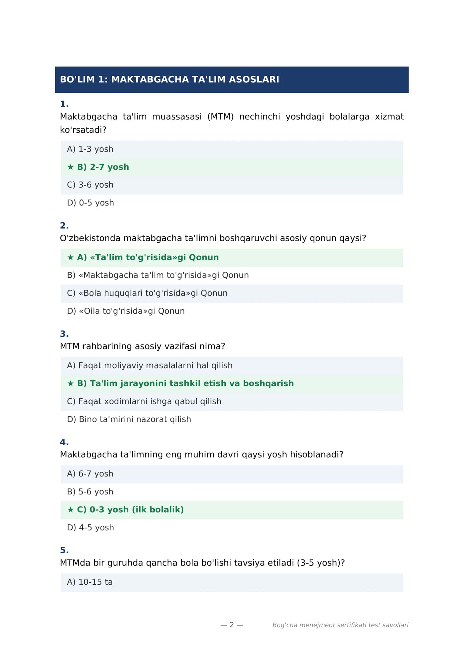 Bog'cha Menejment Sertifikati Test Savollari 2
