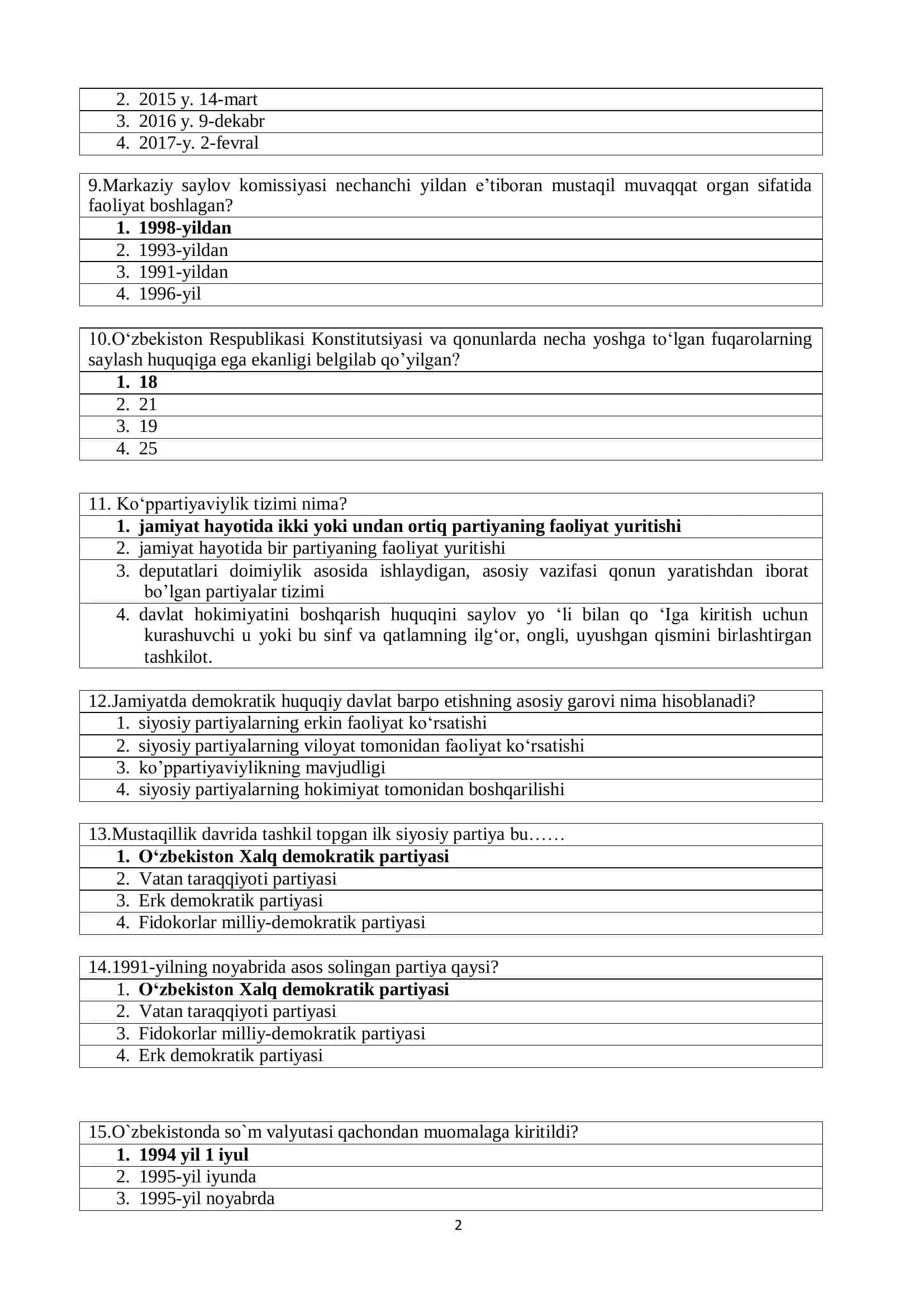 O'zbekistonning eng yangi tarixi fanidan yakuniy test javoblari 2