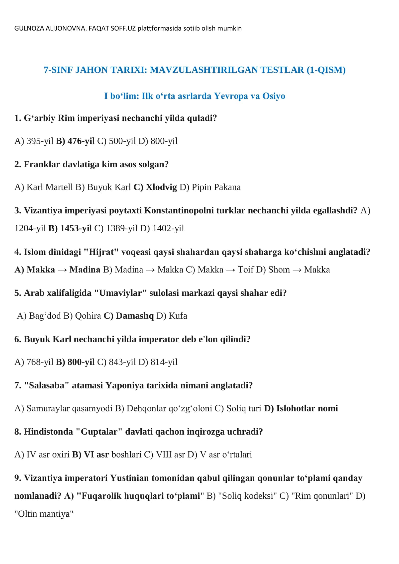 7-SINF JAHON TARIXI MAVZULASHTIRILGAN TESTLAR JAVOBLARI  2026 yil 2