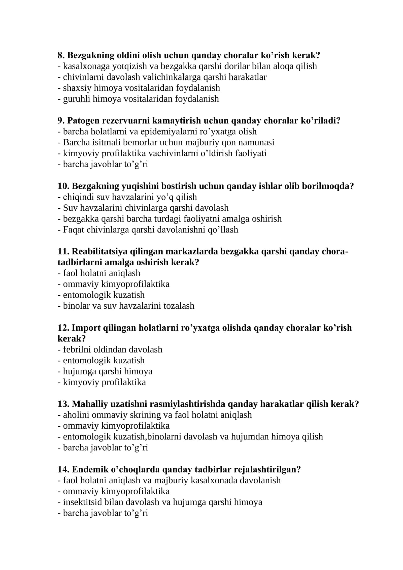 Tibbiy proflaktika ishi (entomolog vrach yordamchilari uchun) mutaxassisligi bo’yicha shakllantirilgan test savollari ro’yxati 2