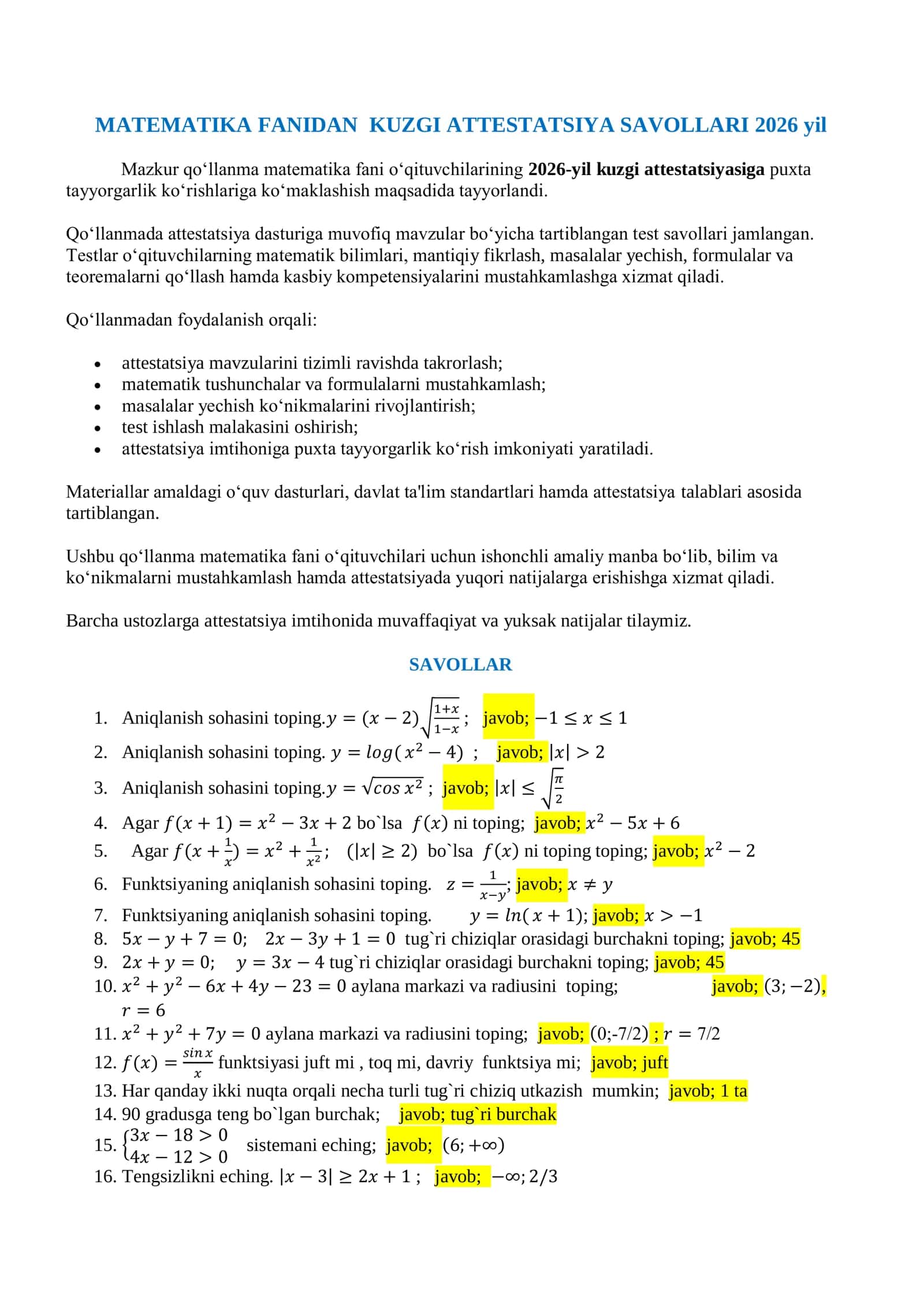2026 YIL MATEMATIKA FANIDAN KUZGI ATTESTATSIYA SAVOLLARI 2