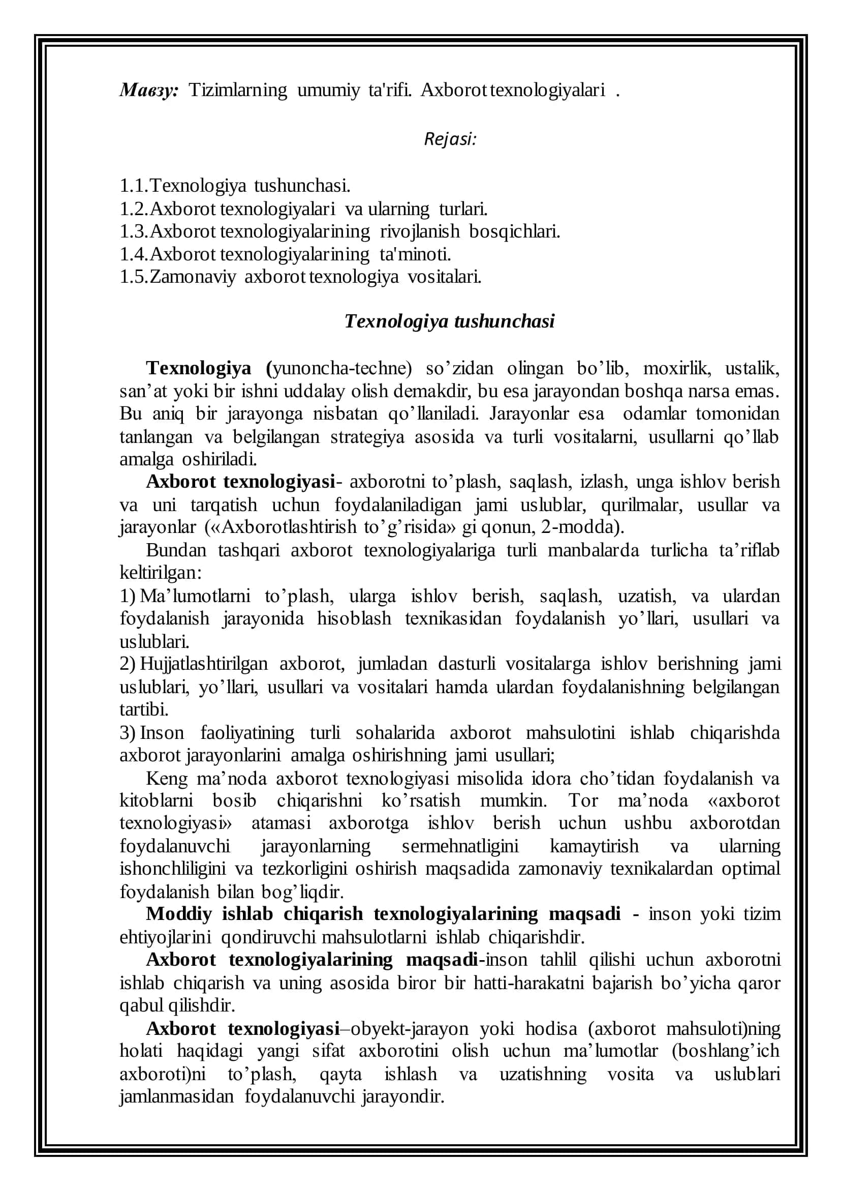 Tizimlarning umumiy ta'rifi. Axborot texnologiyalari 2