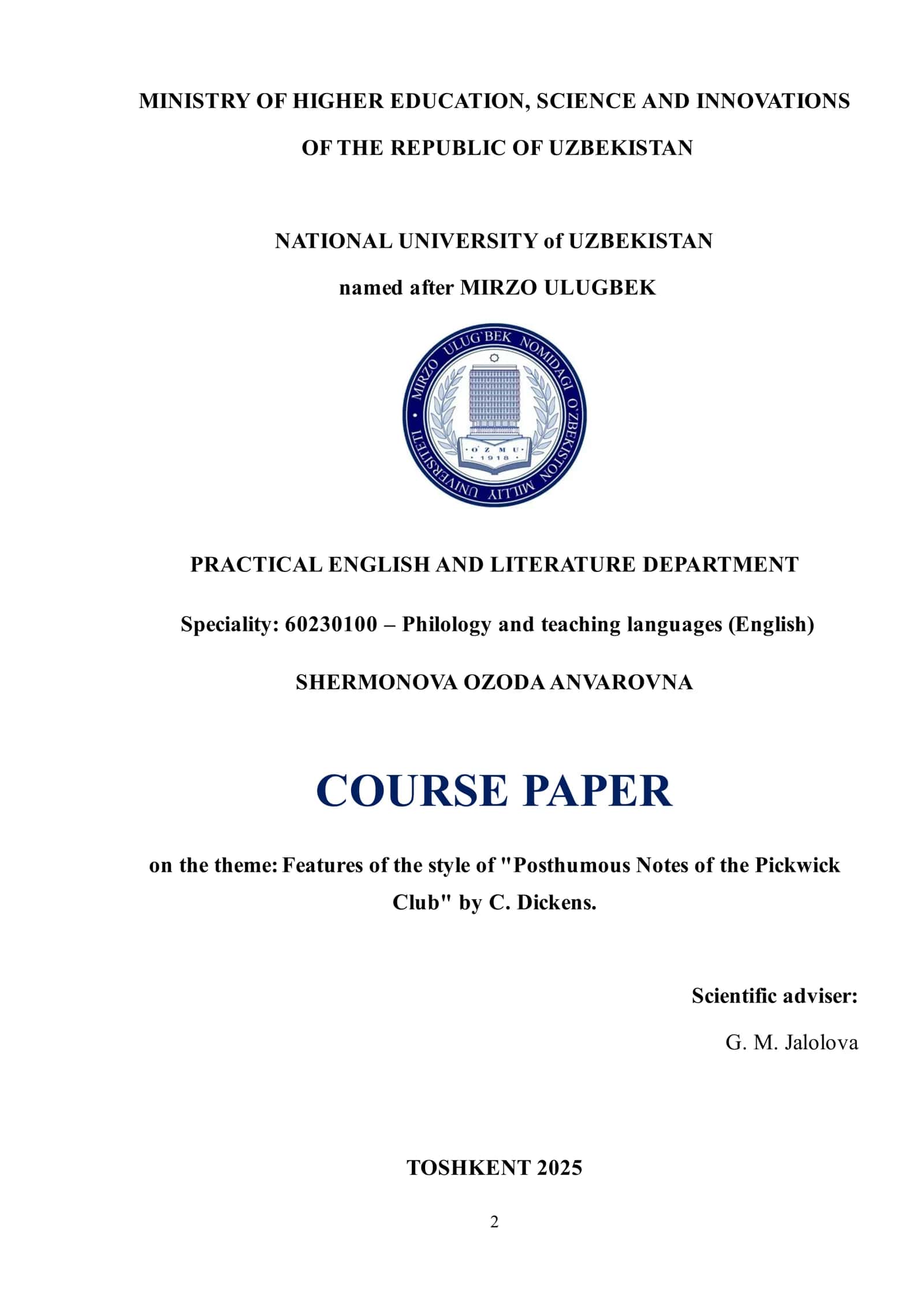O‘zbekiston Milliy Universiteti - Kurs ishi 2