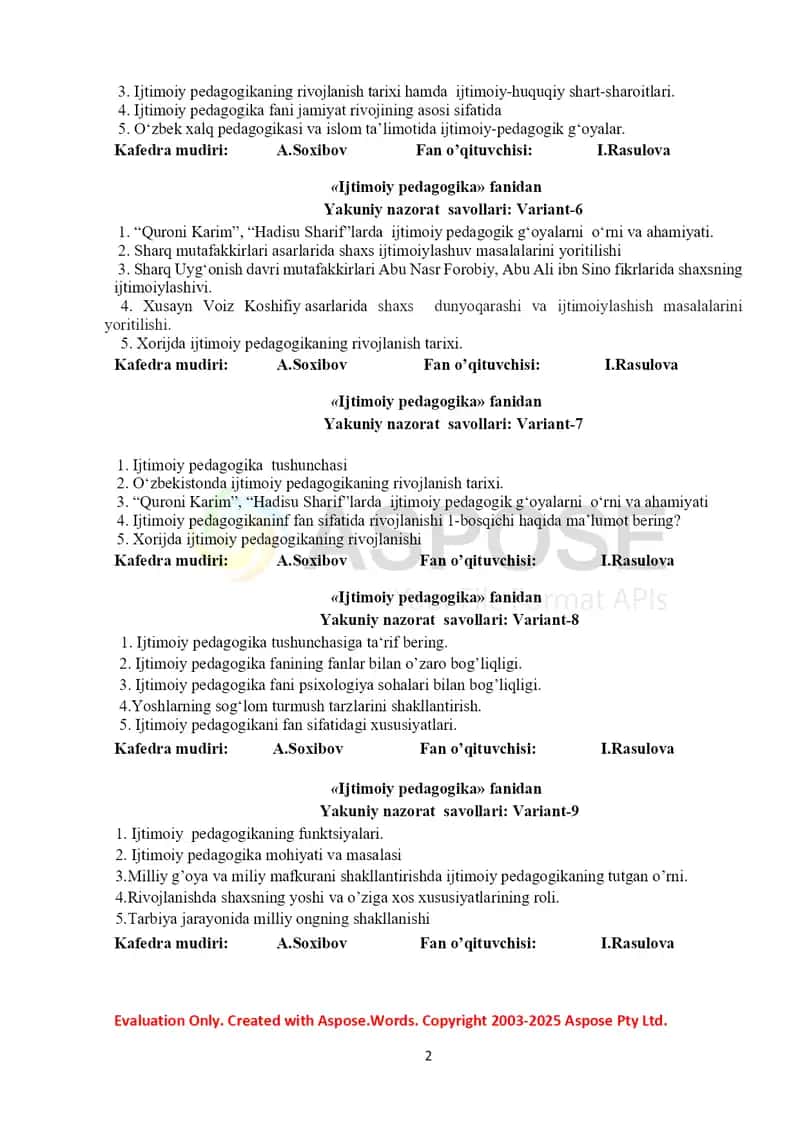 Ijtimoiy pedagogika fanidan yakuniy nazorat savollari (Variant 1–11) 2
