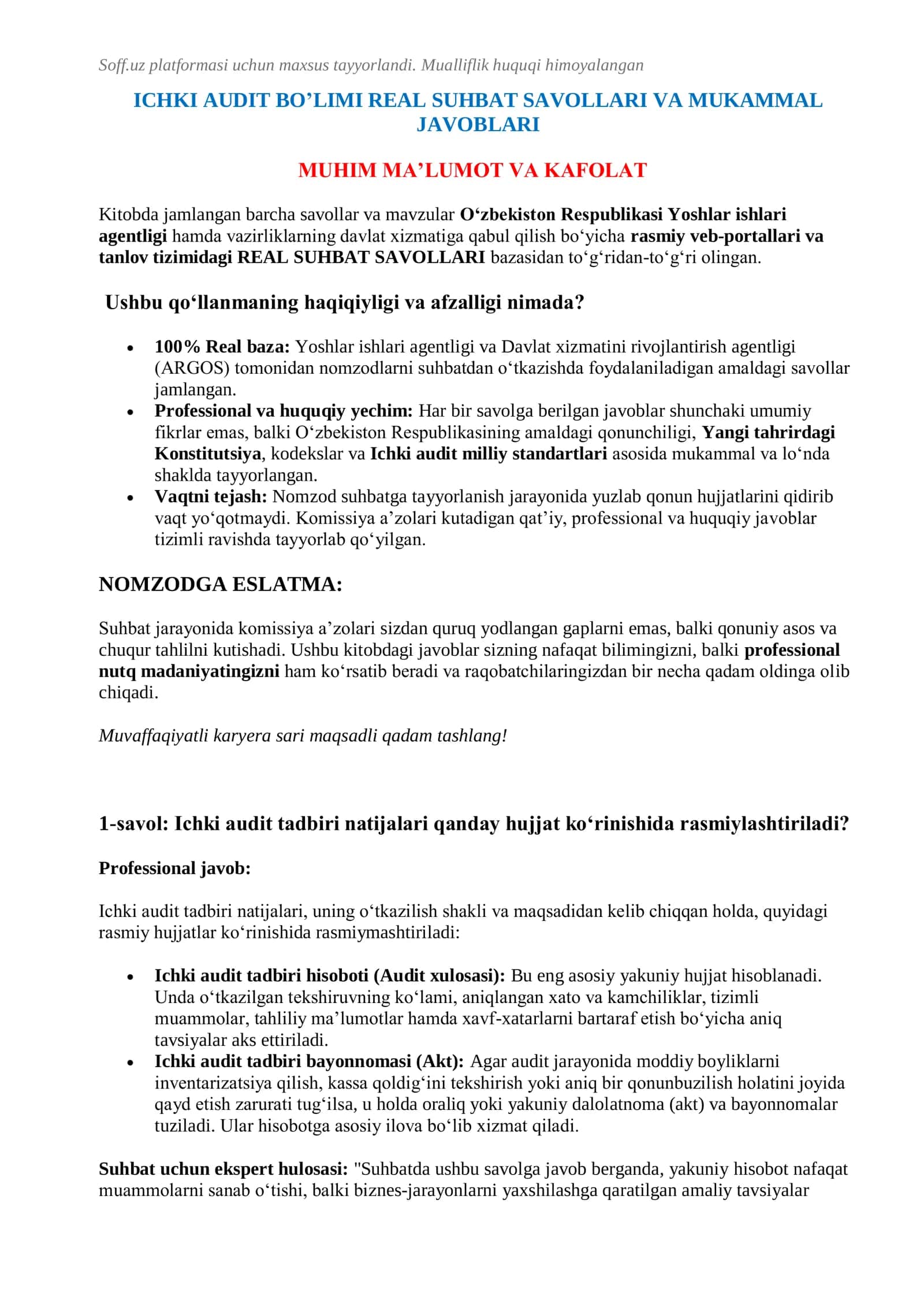 ICHKI AUDIT BO’LIMI  SUHBAT SAVOLLARI VA JAVOBLARI 2