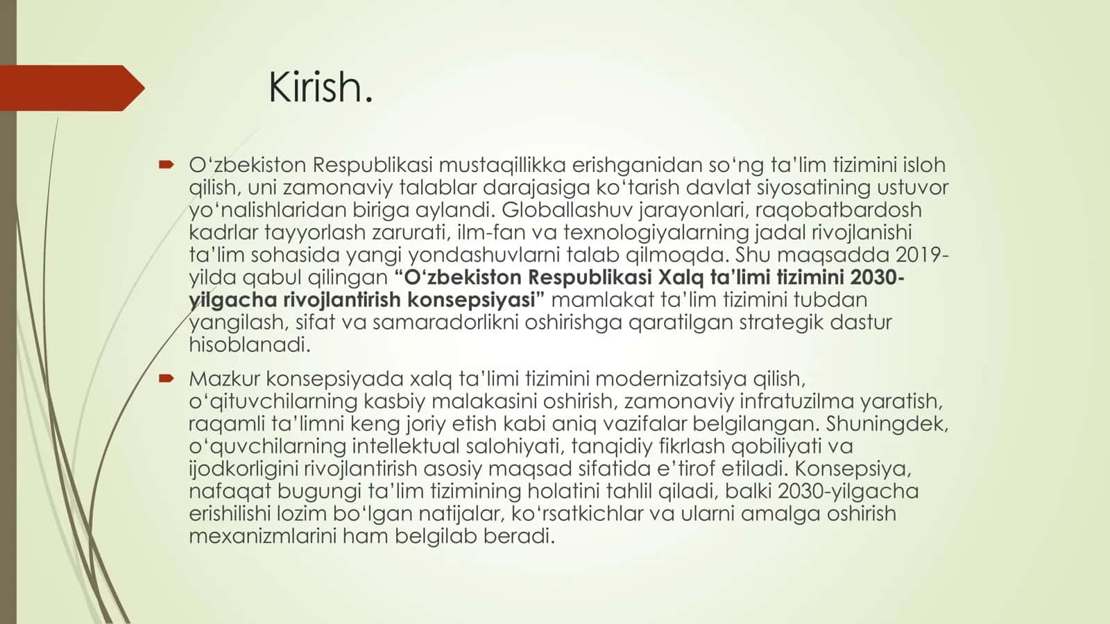 O'zbekiston Respublikasi Xalq ta'limi tizimini 2030 yilgacha rivojlantirish Konsepsiyasida belgilangan vazifalar va kutilayotgan natijalar tahlili 2