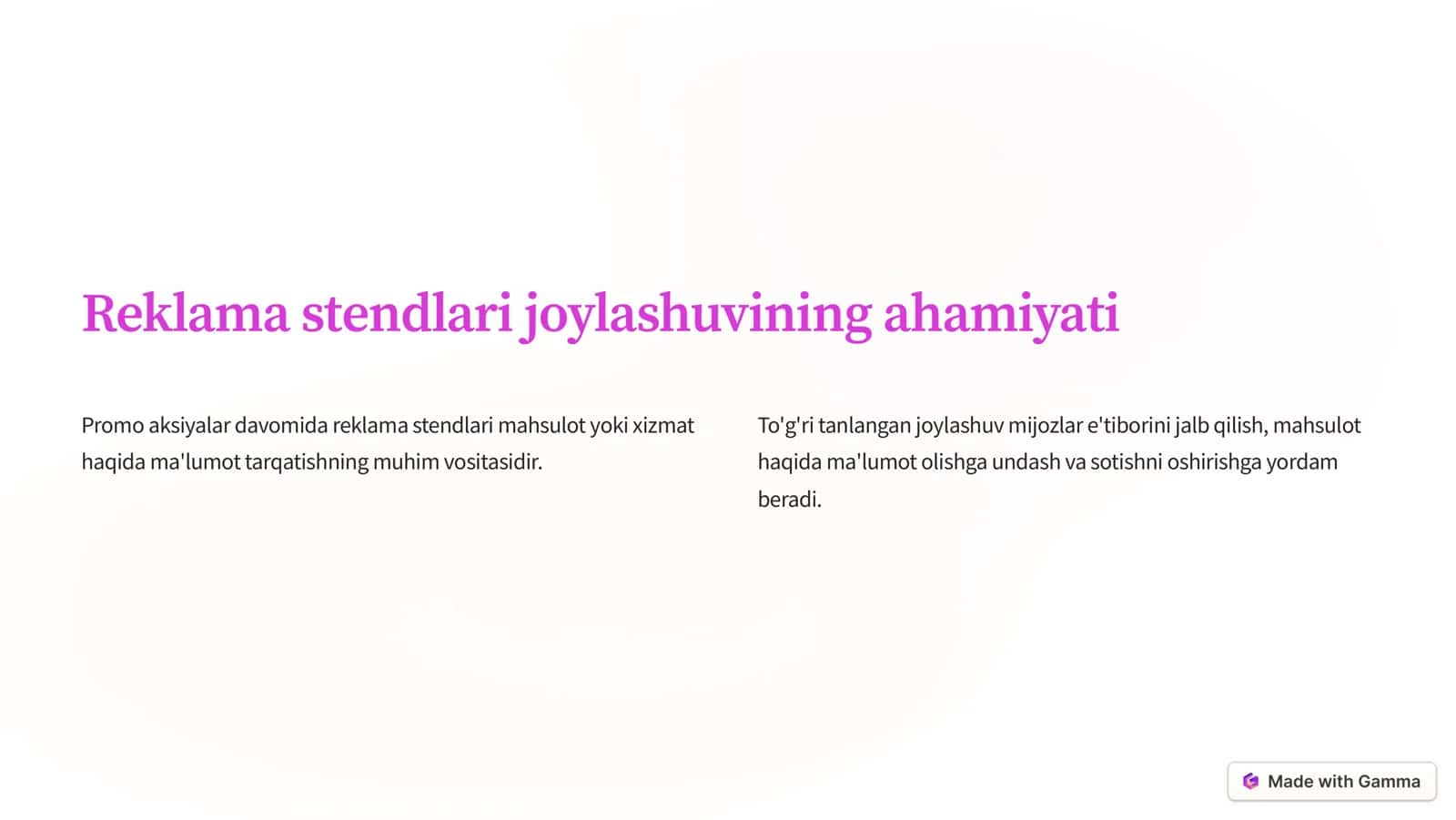 Promo aksiyalar davomida reklama stendlari joylashuvining samaradorligi 2