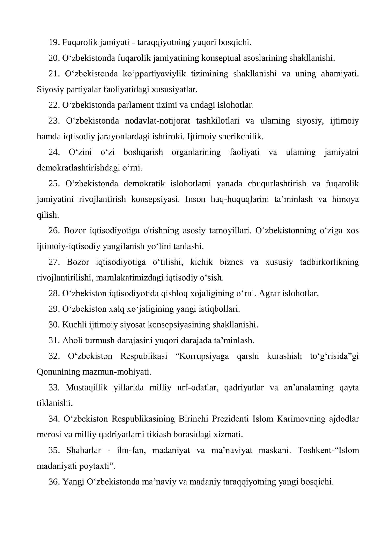 O'ZBEKISTONNING ENG YANGI TARIXI FANIDAN ORALIQ NAZORAT SAVOLLARI 2