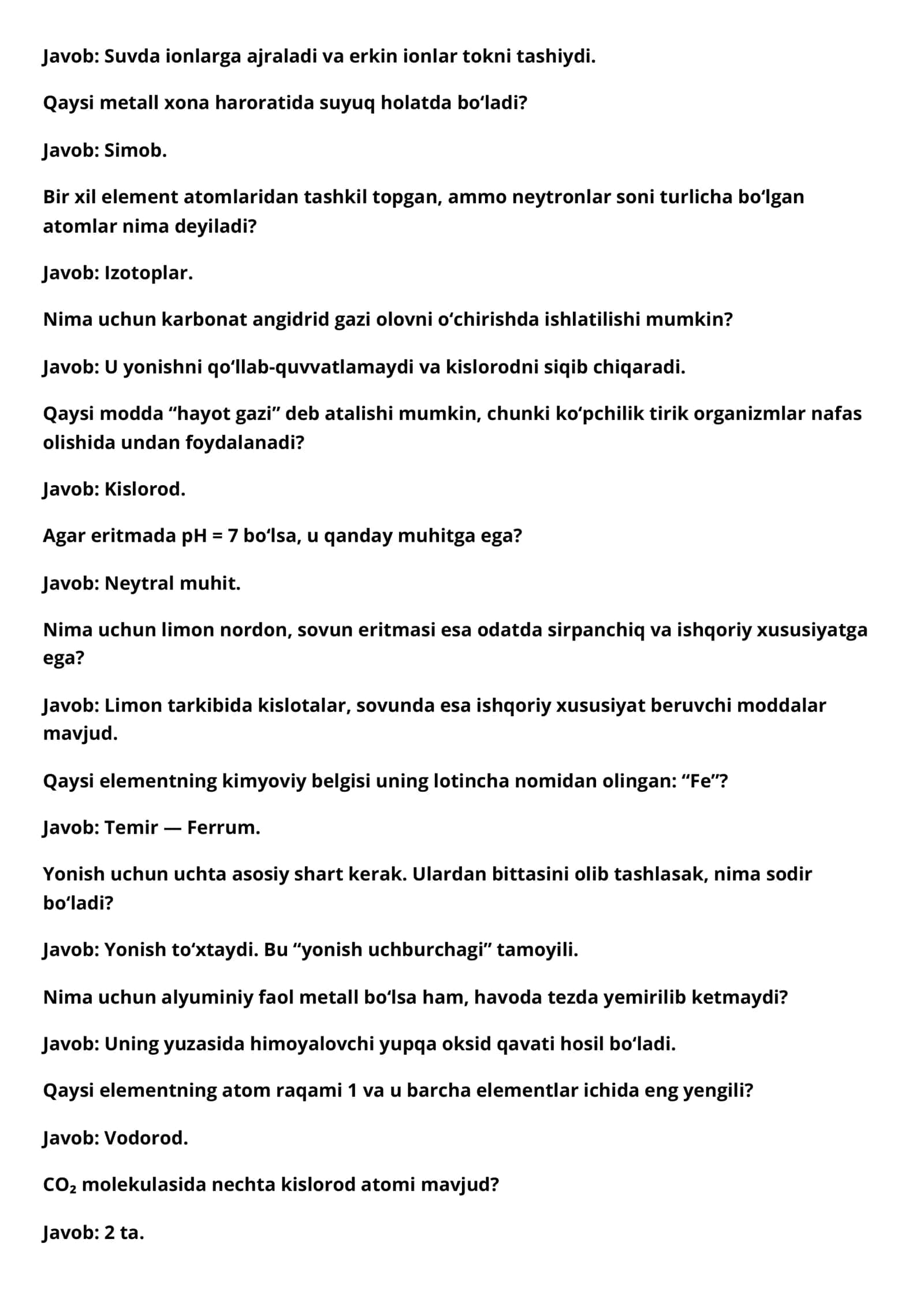 Kimyo fani uchun maxsus ZAKOVAT savollari (javoblari bilan) 2