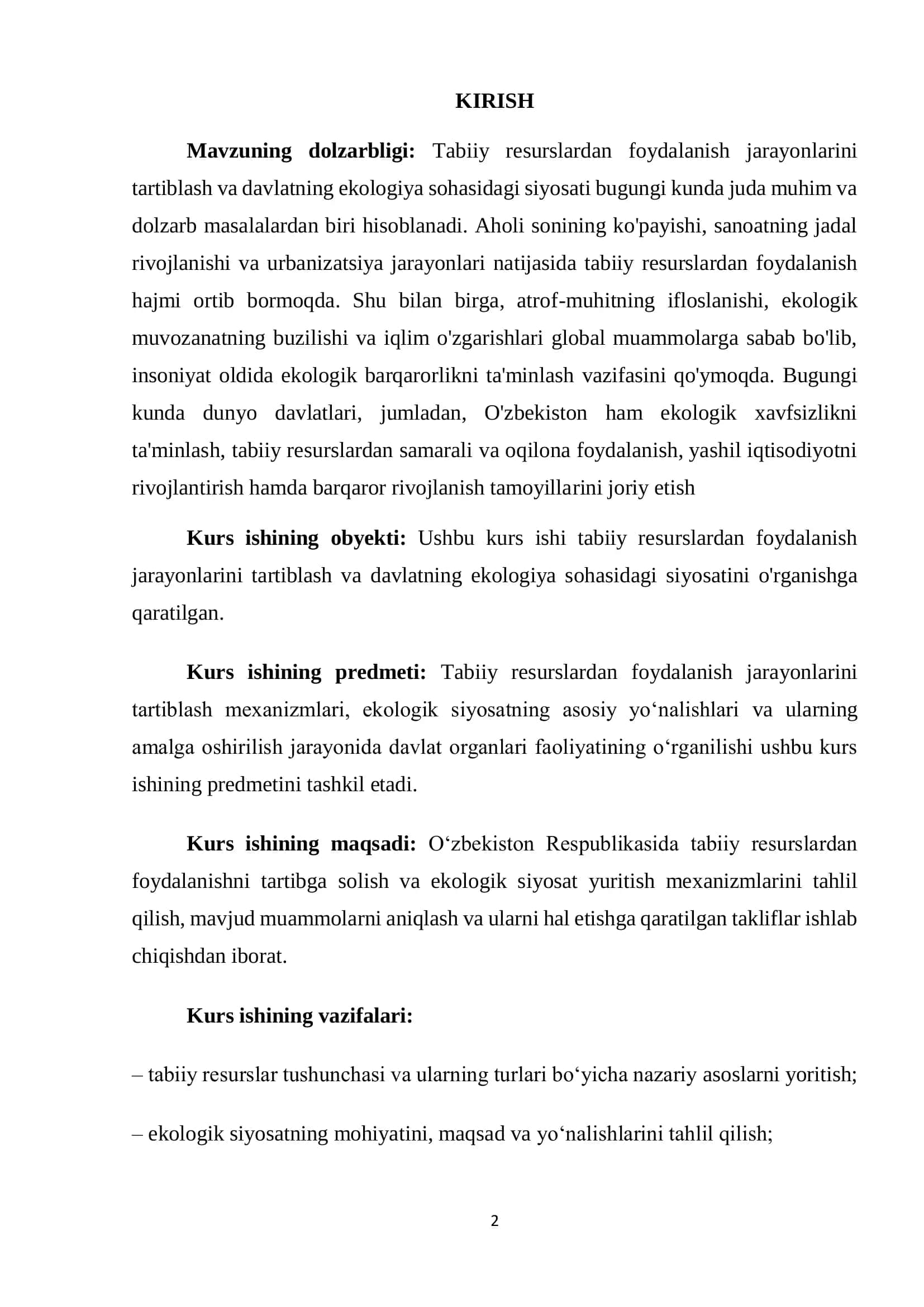 TABIIY RESURSLARDAN FOYDALANISH JARAYONLARINI TARTIBLASH VA DAVLATNING EKOLOGIYA SOHASIDAGI SIYOSATI 2