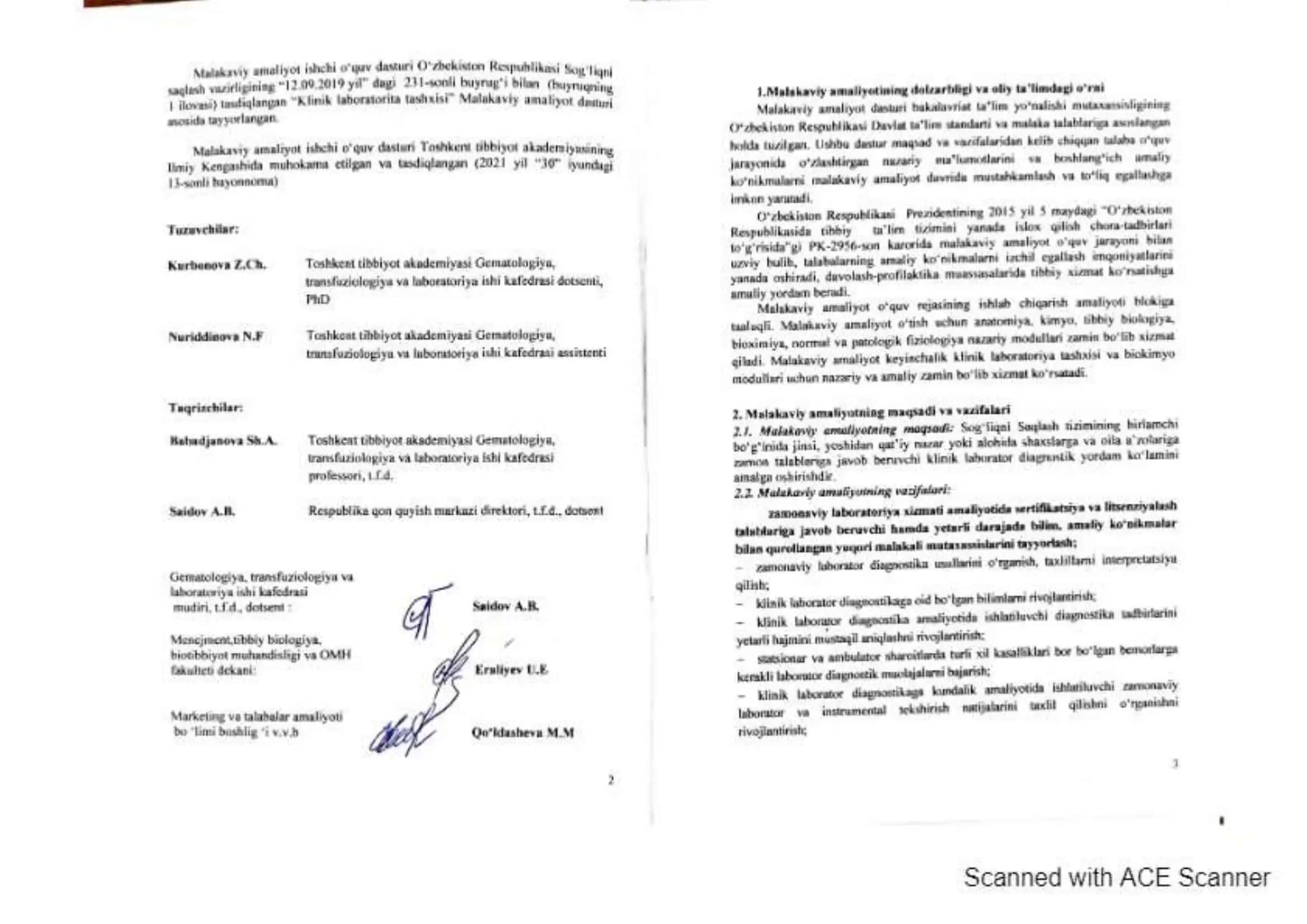 Klinik laboratoriya tashxisi malakaviy amaliyot ishchi o'quv dasturi. gematologiya, transfuziologiya, klinik laboratoriya 2