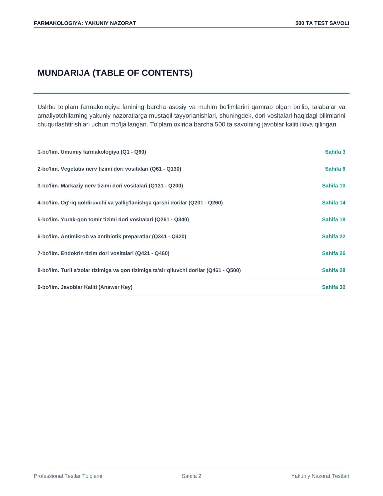 Farmakologiya — yakuniy nazorat uchun 500 ta test savoli + javoblari 2